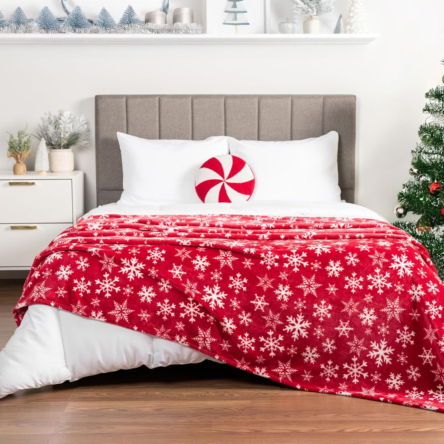 PAVILIA Holiday Festival Christmas Throw Blanket for Couch Bed Sofa, 50x60 (Snowflake Red)