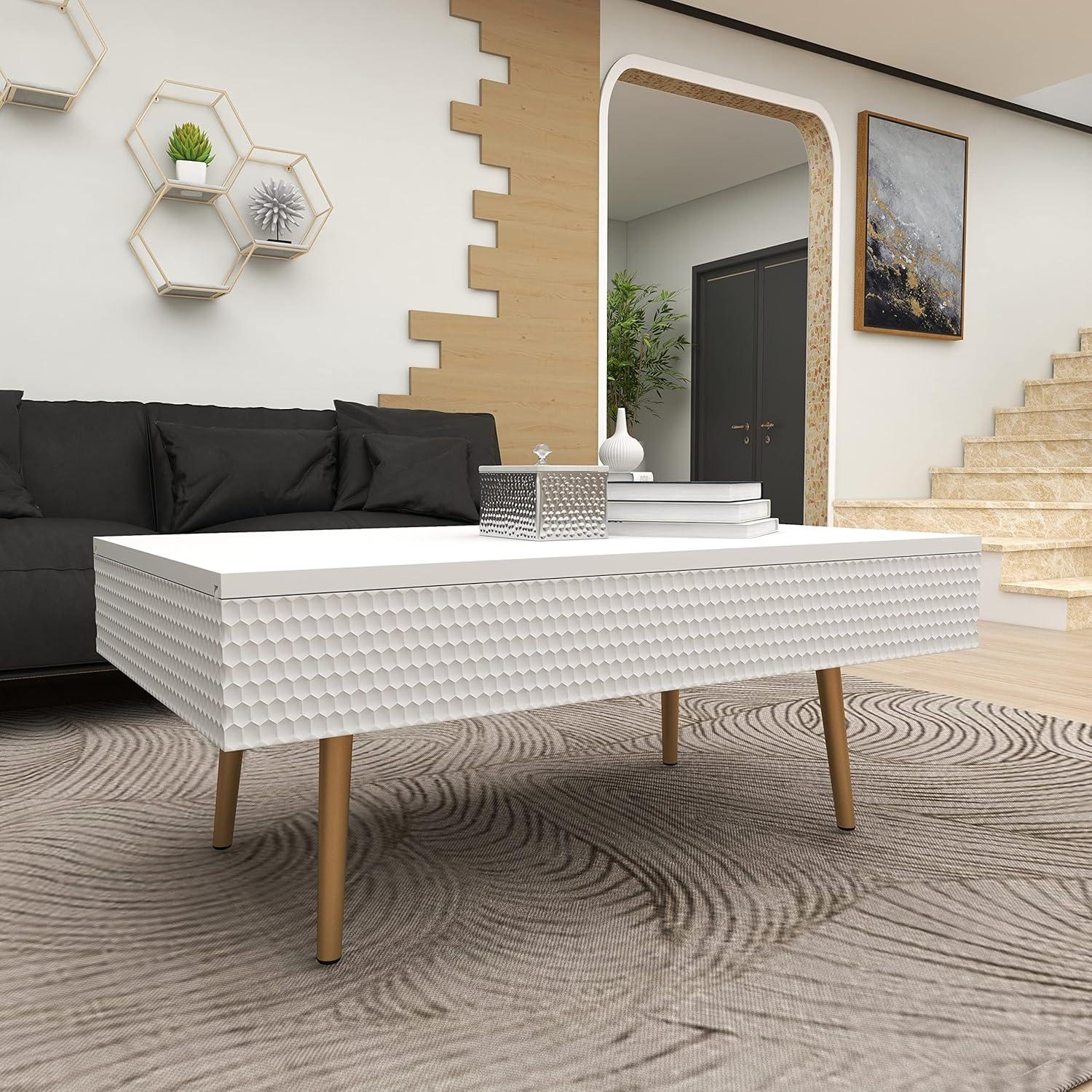 DecMode Wood Contemporary Rectangular with Textured Honeycomb Skirt Carvings Coffee Table 47"W x 19"H, with Muted White amd Soft Sheen Finish Highlights