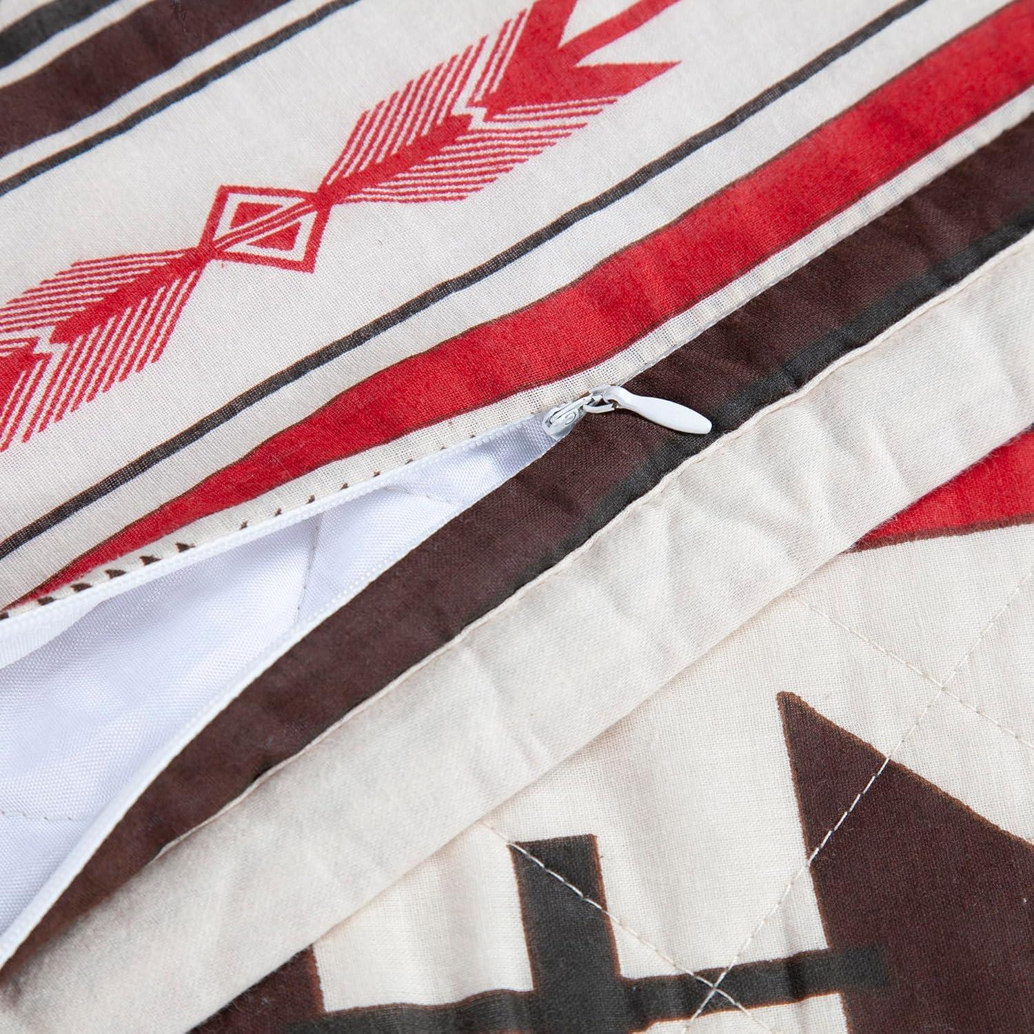 Cortez White Red Gray Brown Cotton Geometric Aztec Pattern Reversible Western Lodge Quilt Set