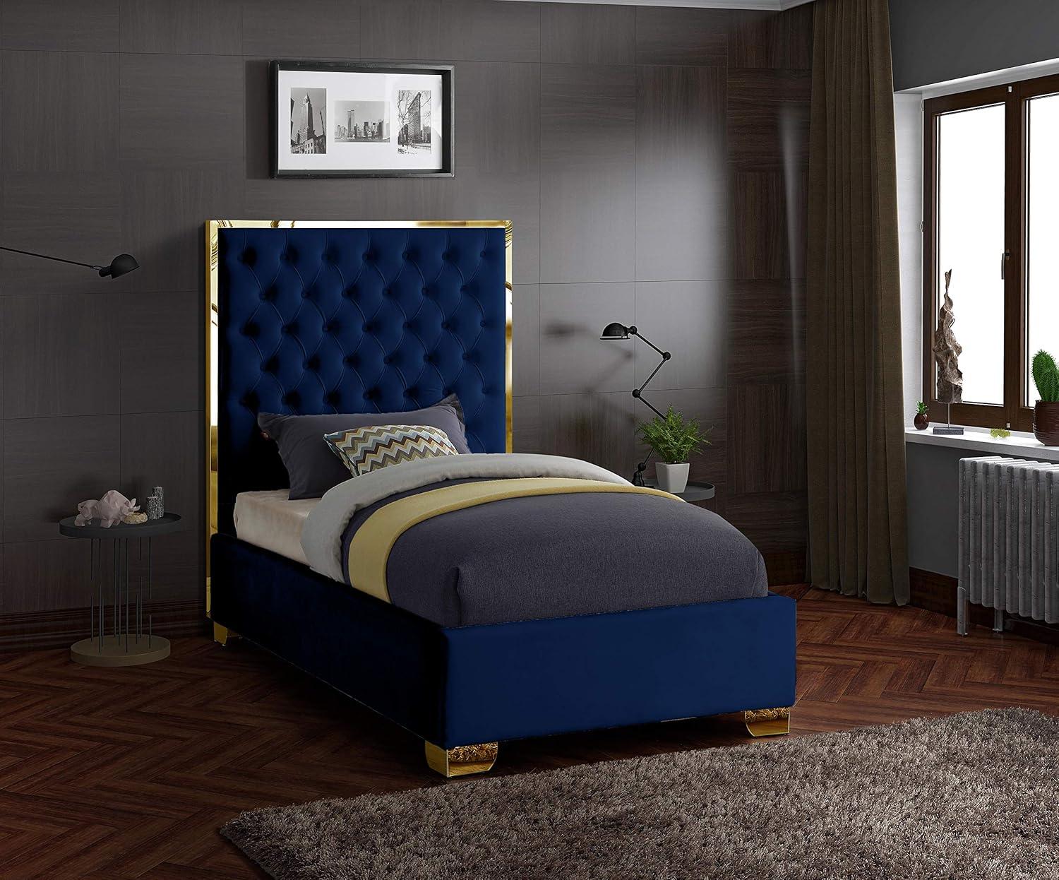 Navy Velvet Twin Bed with Tufted Upholstered Headboard and Gold Legs