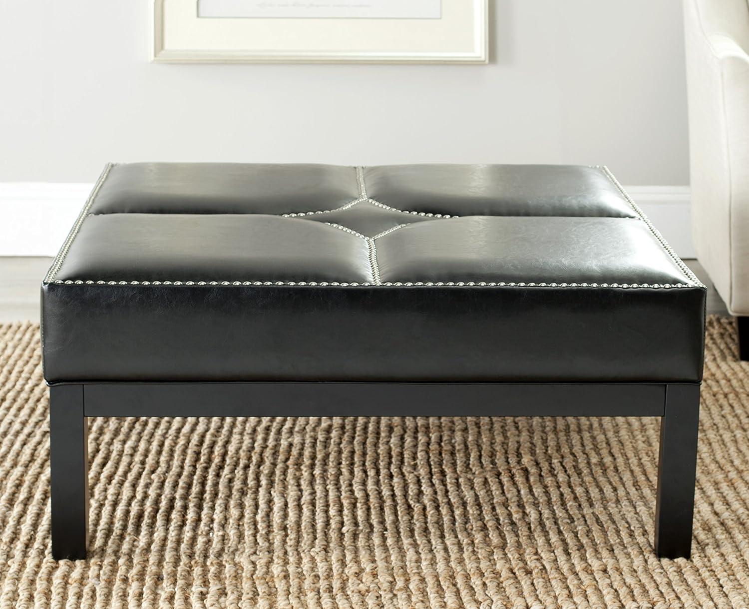 Transitional Terrence 37" Black Leather Cocktail Ottoman with Silver Nailheads