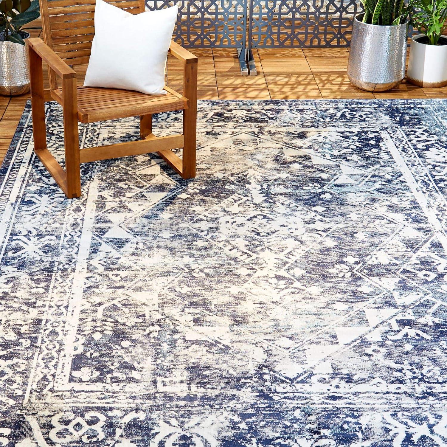 Nicole Miller New York Patio Sofia Ivy Distressed Indoor/Outdoor Area Rug, Navy Blue/Ivory