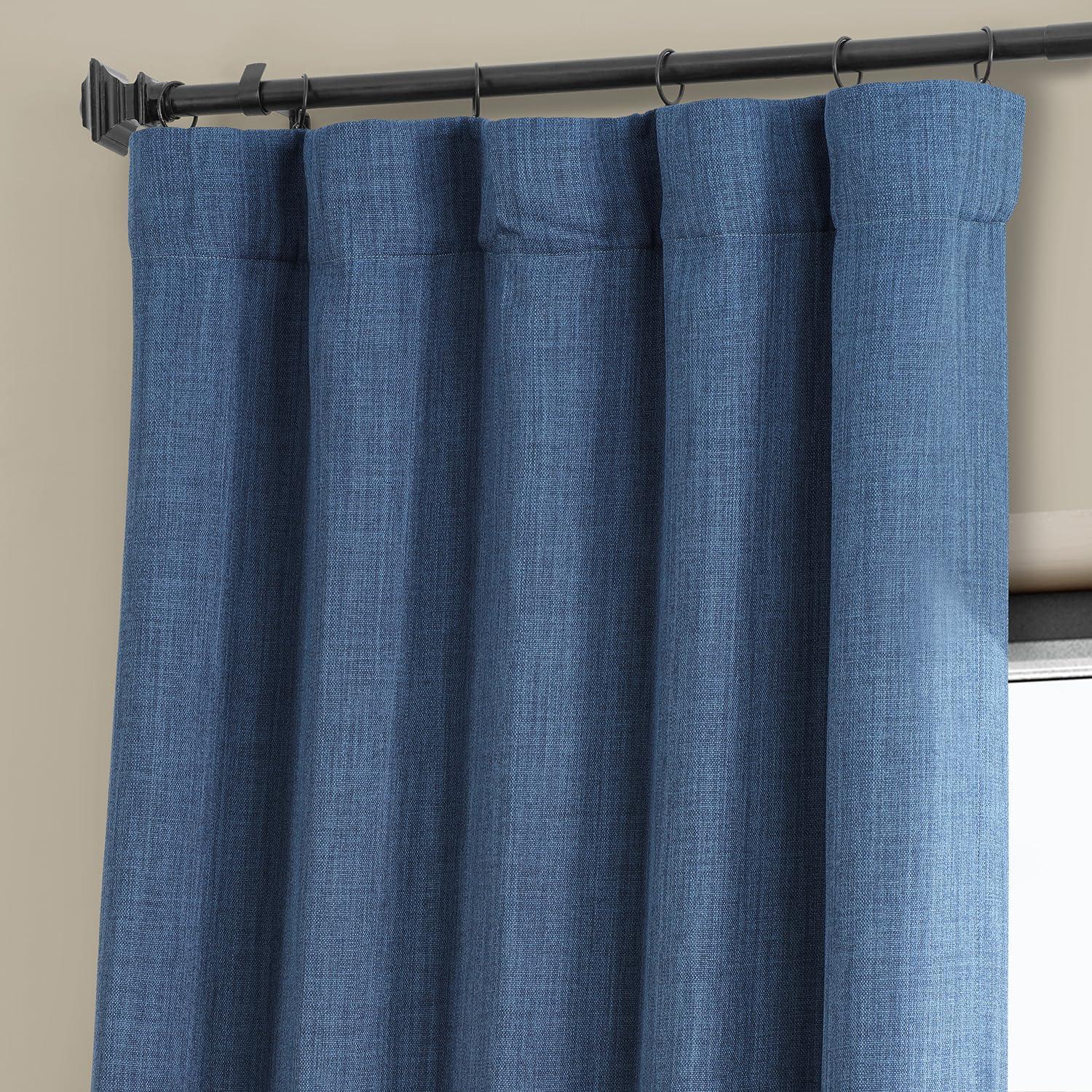 Extra Long Blue Faux Linen Blackout Drapes