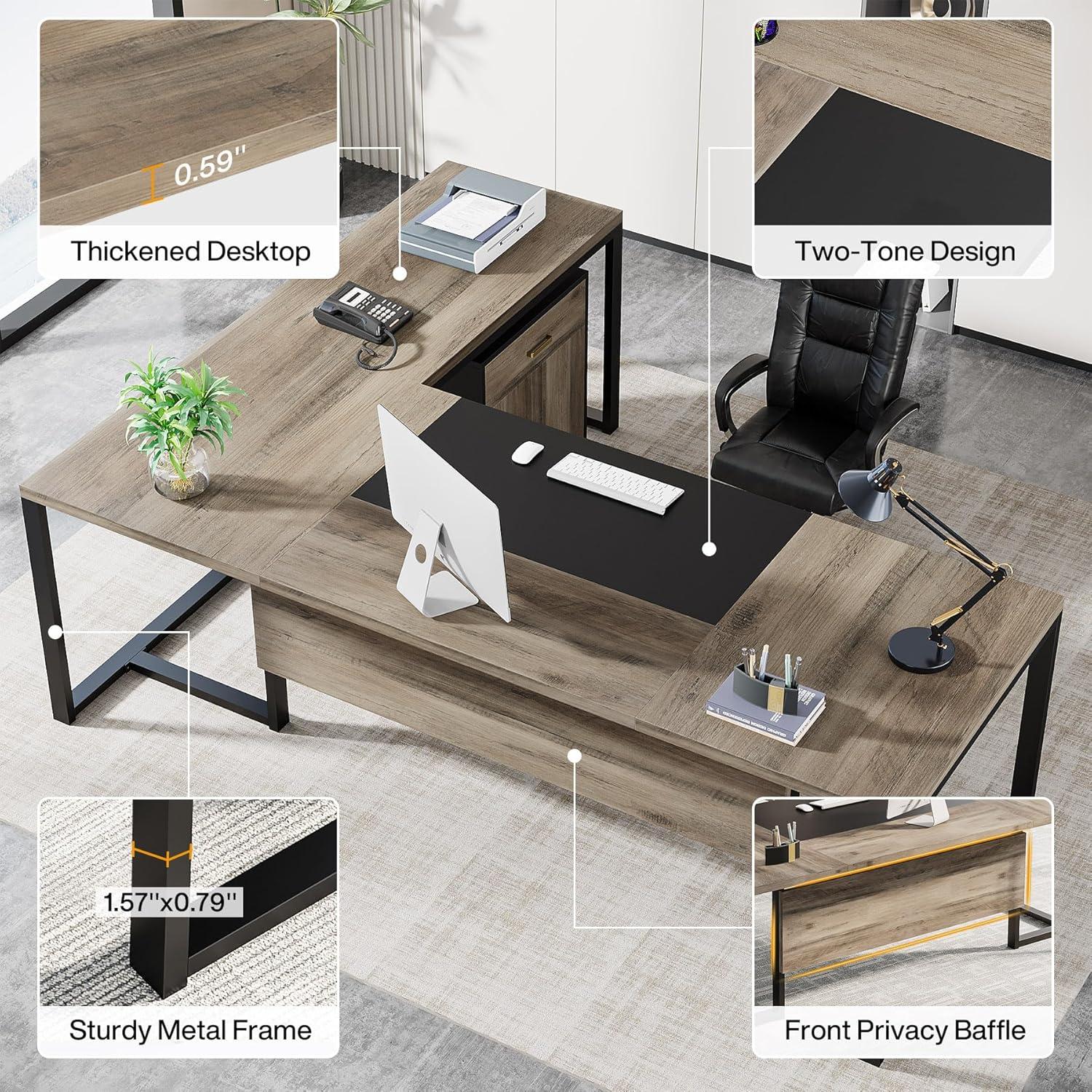 Tribesigns 70.8" Executive Desk with 55" File Cabinet, Industrial L Shaped Computer Desk, Large Executive Desk for Home Office, Walnut & White