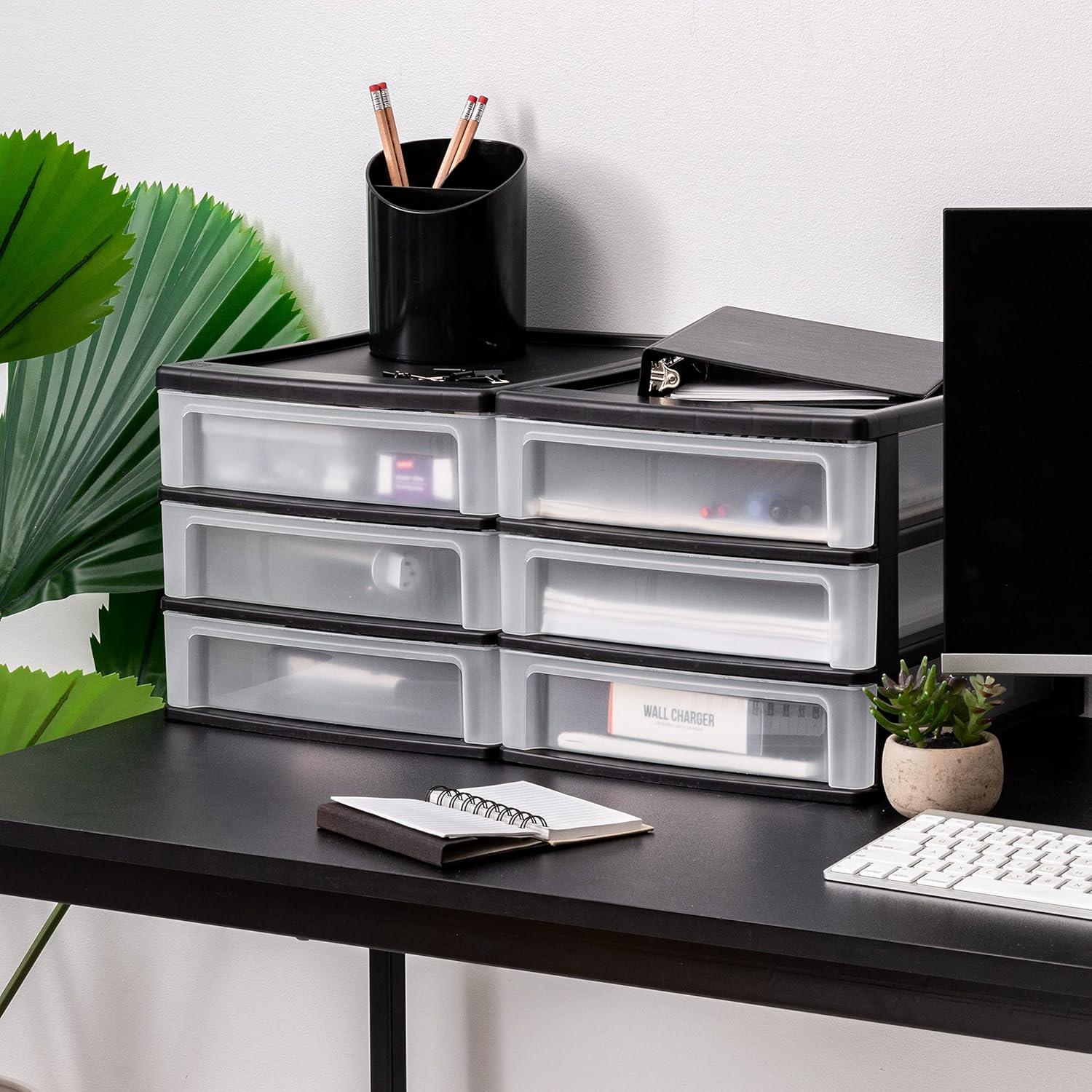 IRIS USA Medium 3-Drawer Stacking Desktop Organizer, 2 Pack, Plastic Drawer Storage Container for Stationery Art Craft Supplies Kitchen Office, Black