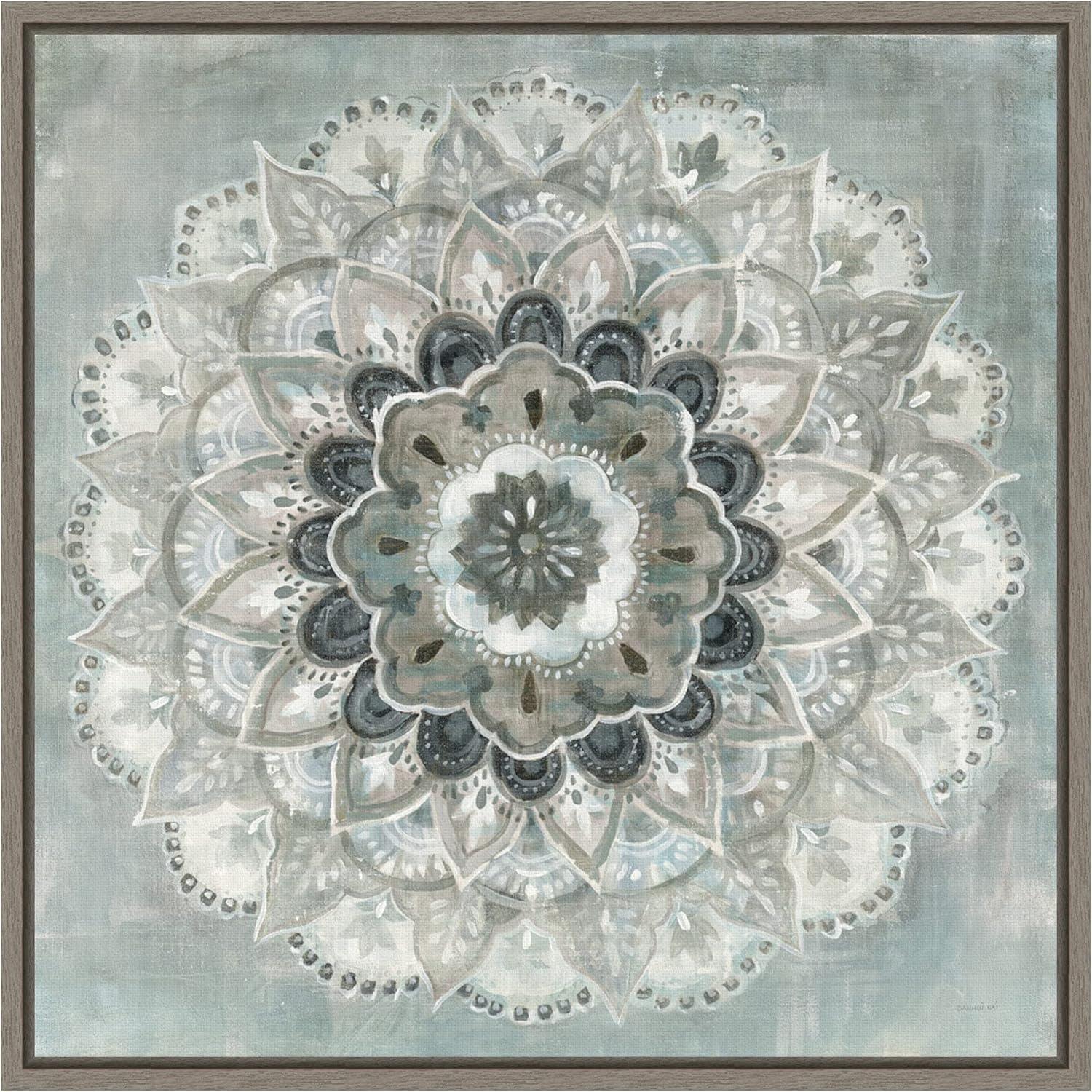 Sunburst Mandala 16" Grey and Blue Framed Canvas Art