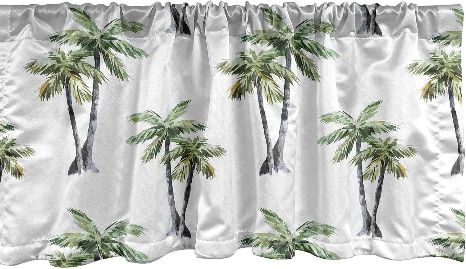 Watercolor Palm Tree Satin Rod Pocket Valance, 54" x 12", White Green