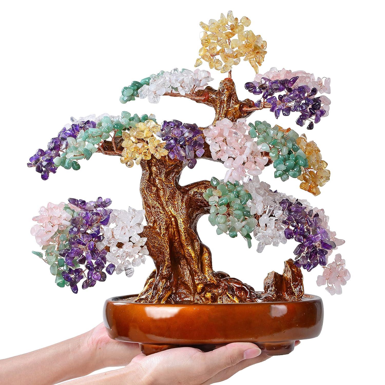 KALIFANO Natural Tree of Life Gemstones (1,251 Count) - Bonsai Feng Shui Chakra Crystal Money Tree for Healing and Luck - 14"