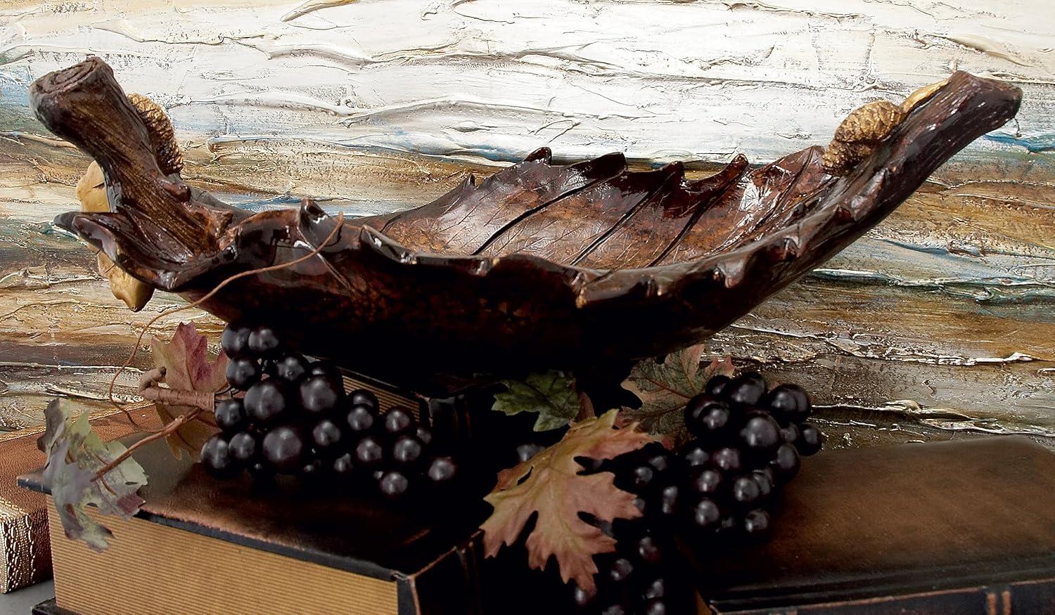 Amber Leaf Intricate Carved 22" Polystone Decorative Bowl with Stand