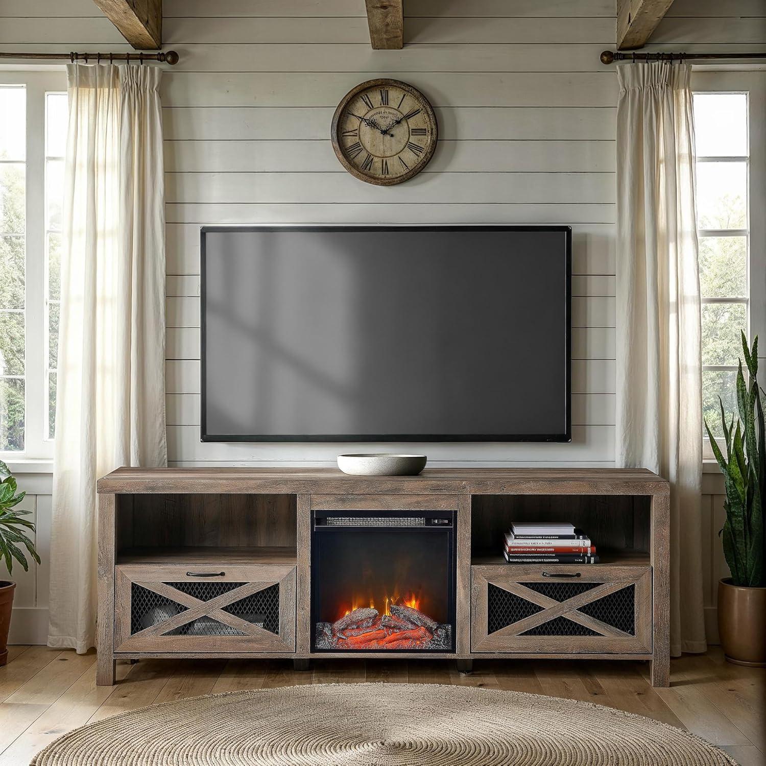 Walker Edison Farmhouse Fireplace TV Stand for TVs up to 80", Grey Wash