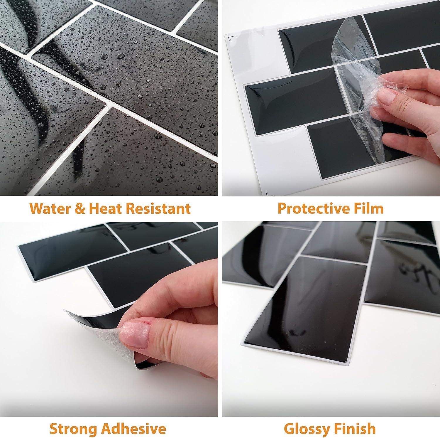 Black Glossy Peel and Stick Subway Tile Stickers