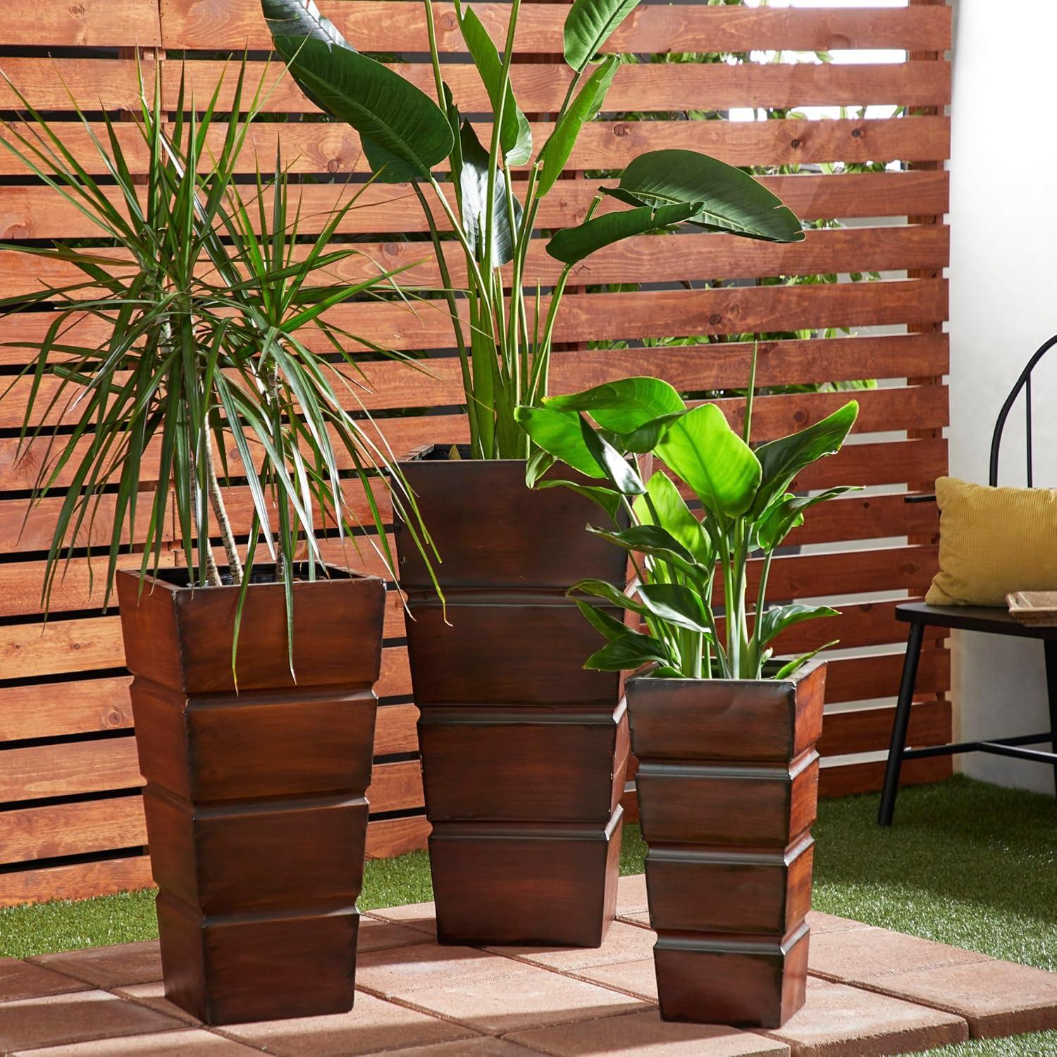 Set of 3 Contemporary Rectangular Iron Planters Brown - Olivia & May: Tall, Outdoor Decor Display