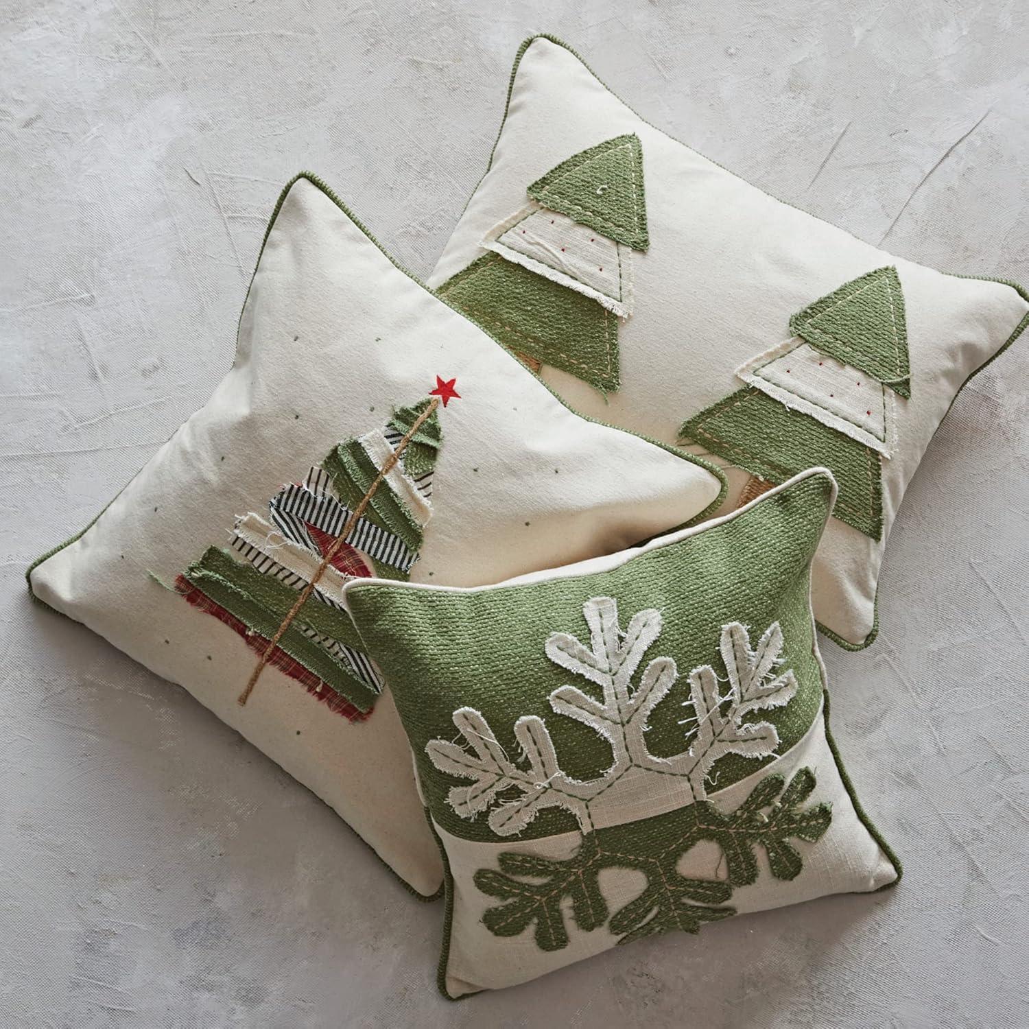 Green and Cream Rectangular Cotton Lumbar Pillow with Appliqued Trees