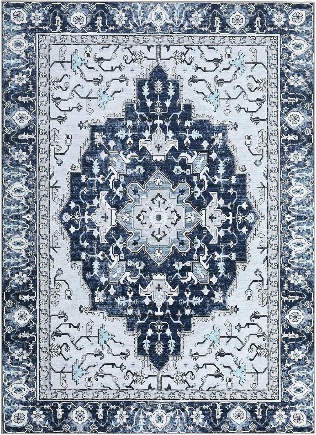 Soft Area Rug 5x7, Washable Living Bedroom Rug Low-Pile Vintage Rugs, Non-Slip Non-Shed Floral Print Accent Floor Carpet for Dining Room Home Office, Updated Blue