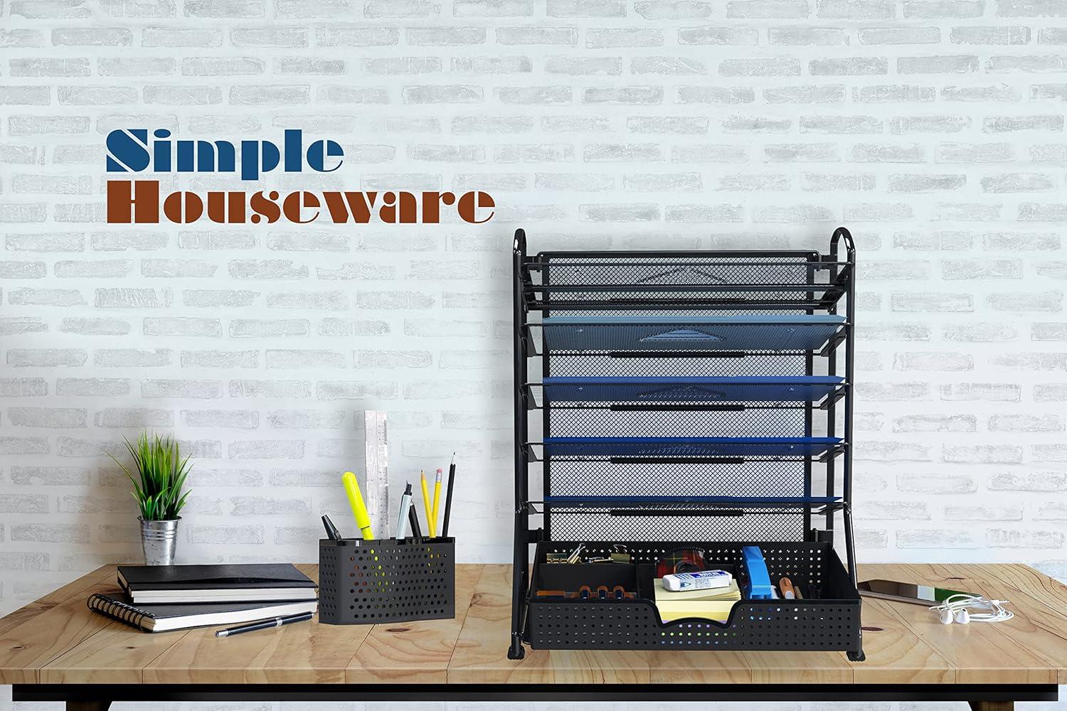 SimpleHouseware 6 Trays Desk Document File Tray Organizer with Supplies Sliding Drawer, Black