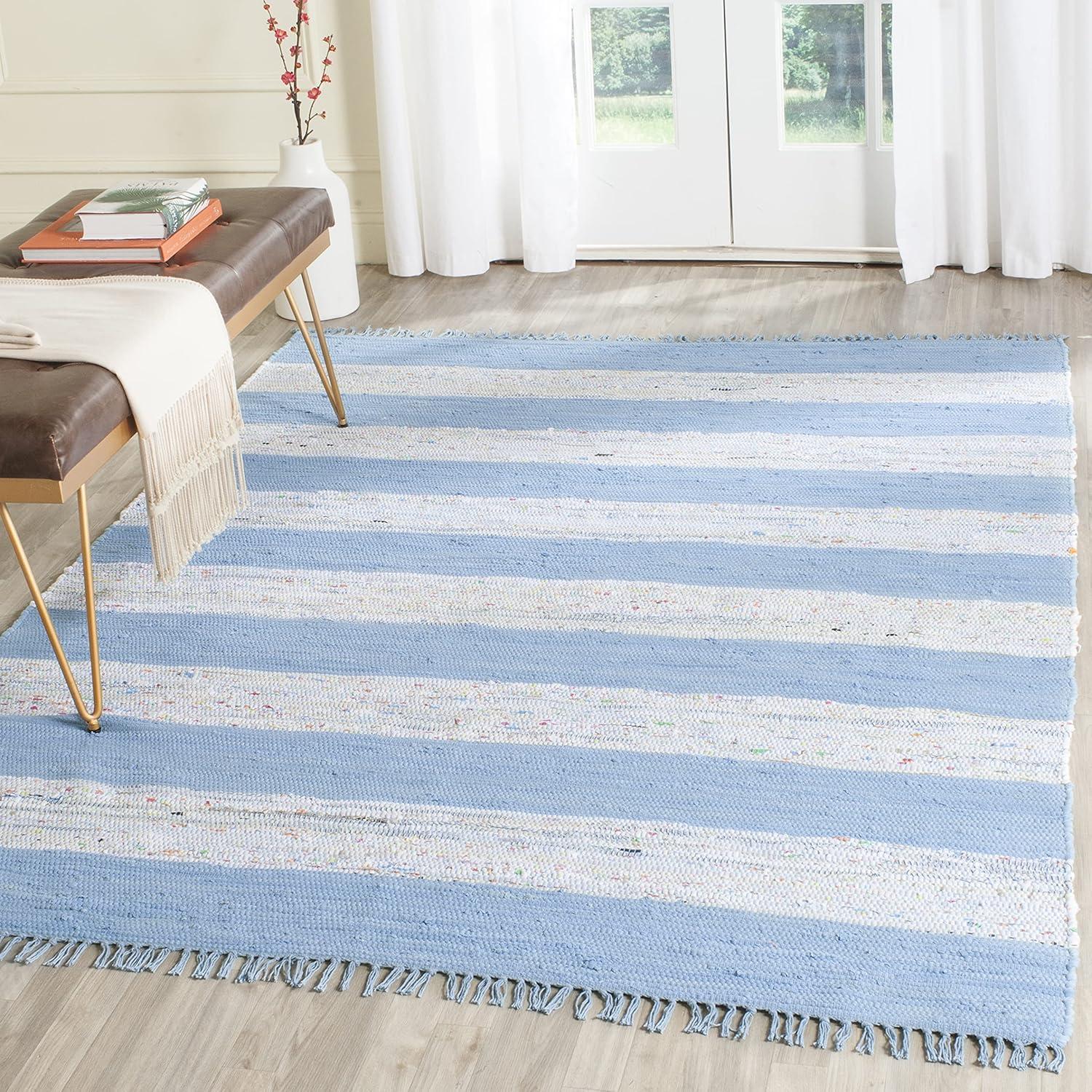 Ivory and Turquoise Striped Cotton 4' x 6' Handmade Rug