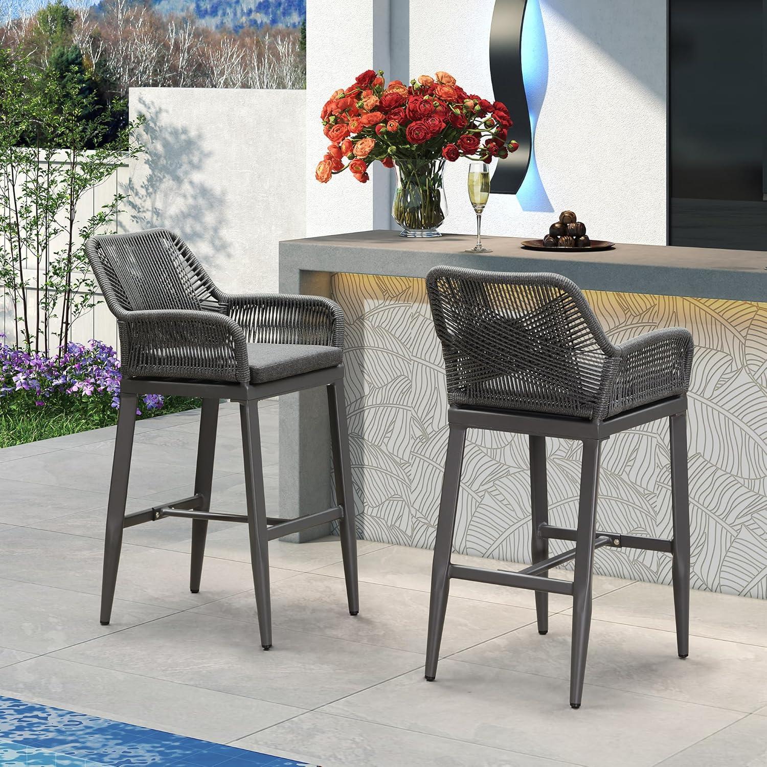 PURPLE LEAF Outdoor Wicker 29" Bar Stools Set of 2, Boho Patio Bar Height Chair with Cushion and Back for Outdoor and Indoor, Garden, Patio, Smoke Grey