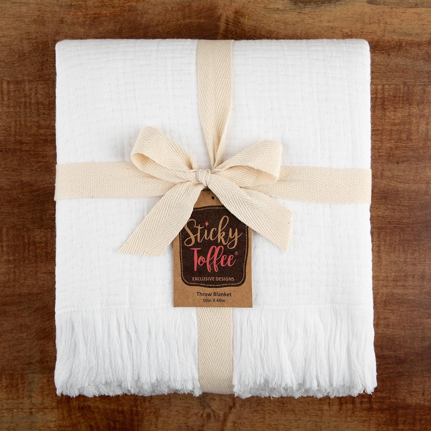 Sticky Toffee Muslin Throw Blanket for Adults, 100% Cotton, 60x50 in, Soft Lightweight and Breathable Throw for Couch, White