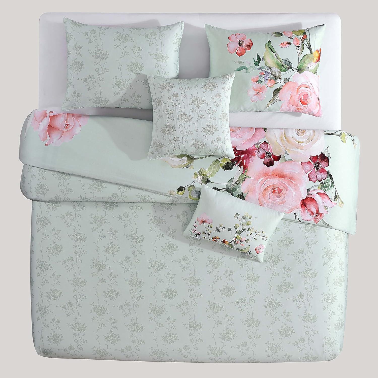 Bebejan Rose on Misty Green 100% Cotton 5-Piece Reversible Comforter Set