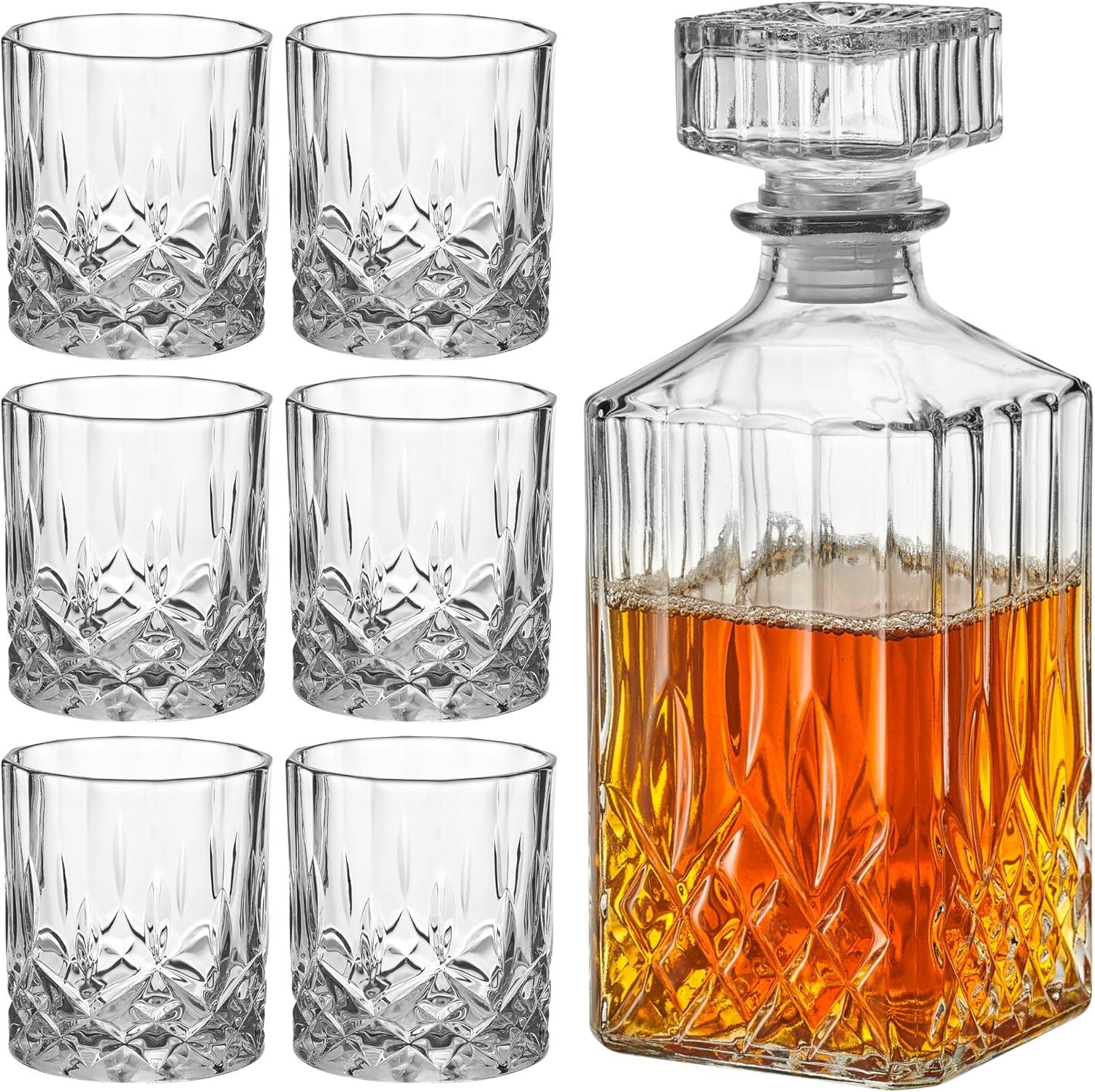 Loretto Clear Crystal Whiskey Decanter Set with 6 Glasses