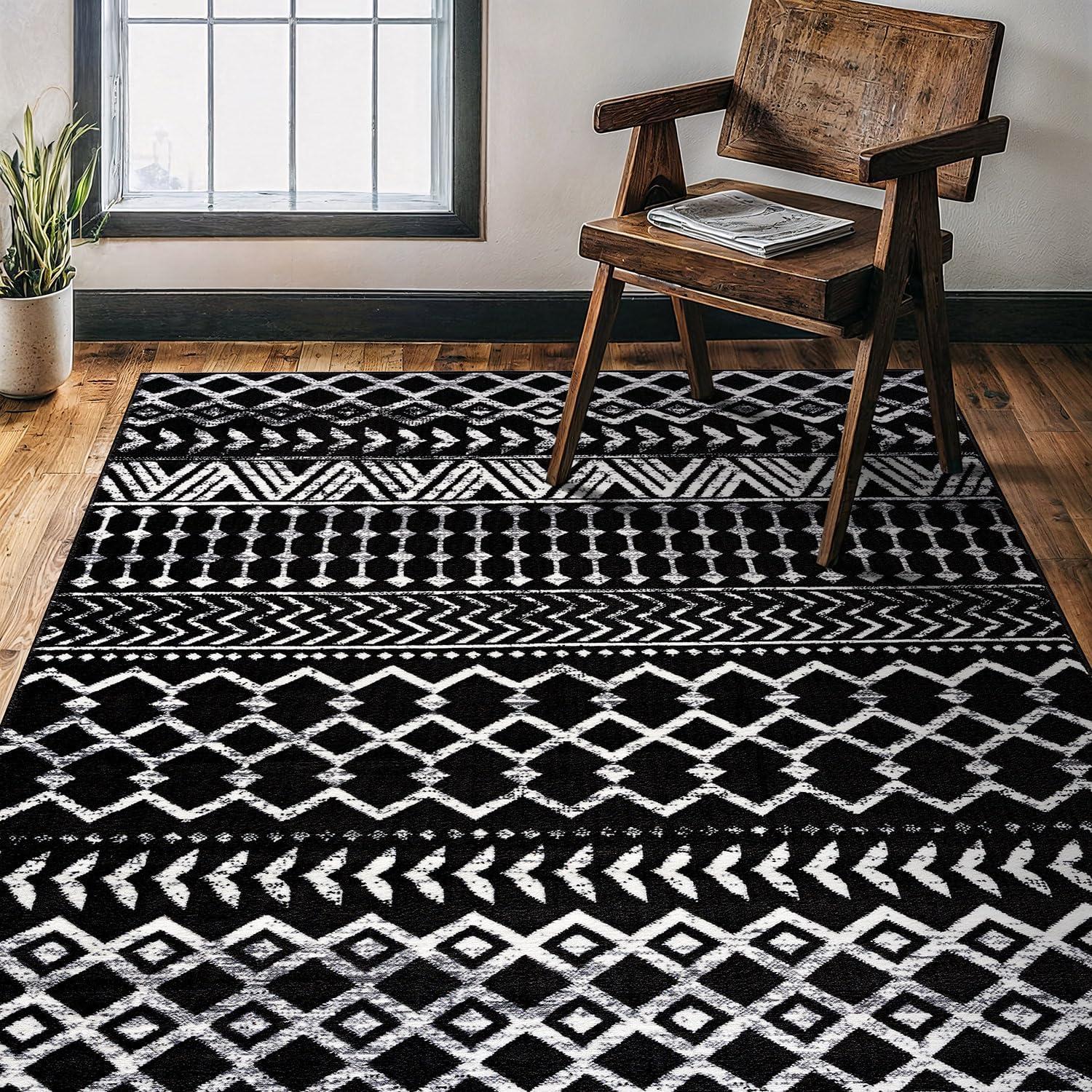 CAMILSON Crystal Black Area Rug7'10"x10' Boho for Living Room Bedroom Dining Room Black Indoor Area Rugs