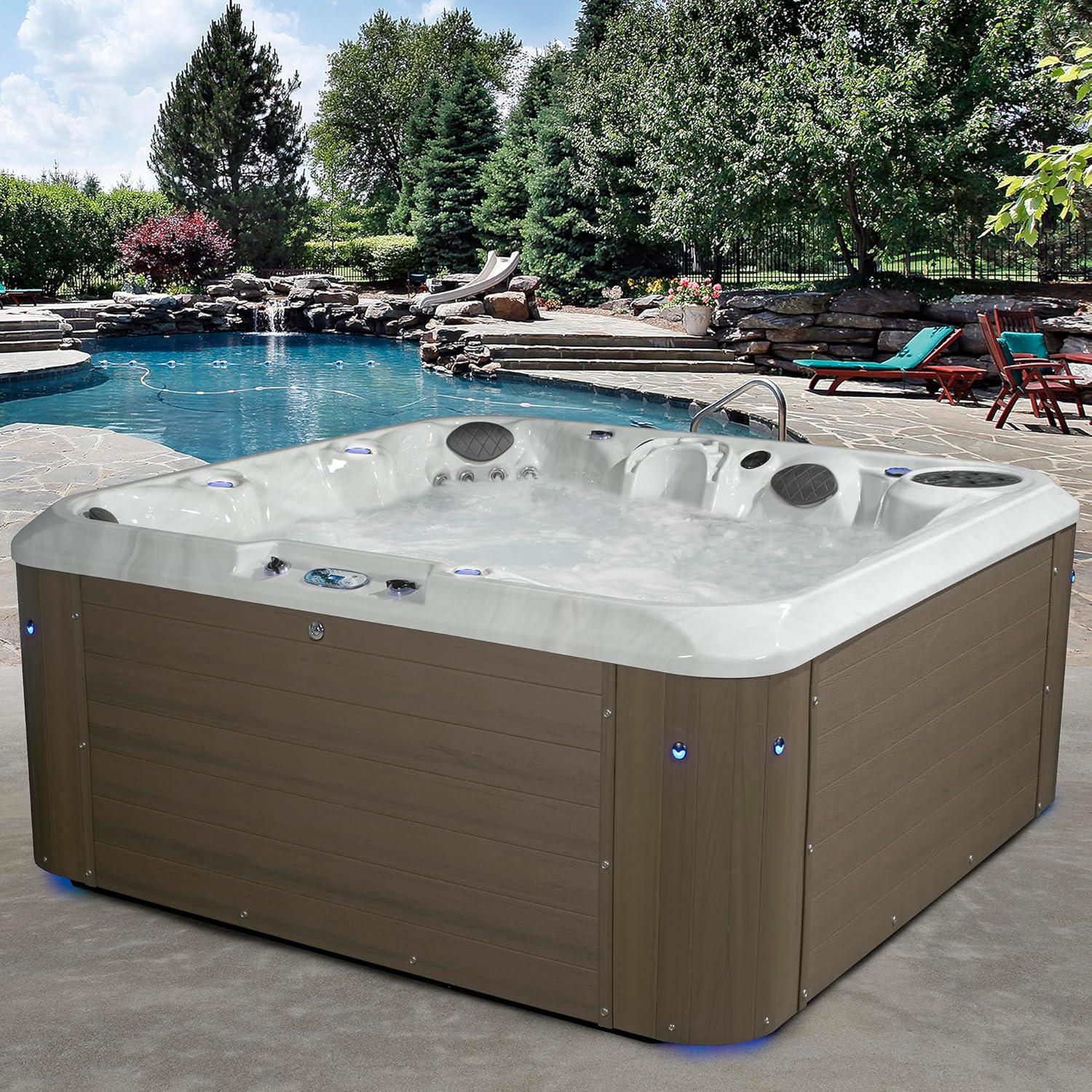 Amplified 6-Person 100-Jet Double-Lounger Hot Tub Spa with Bluetooth Stereo, 3 Pumps, LED Lighting, Stainless Steel Heater and Ozonator, Insulated Cover and Steps Included