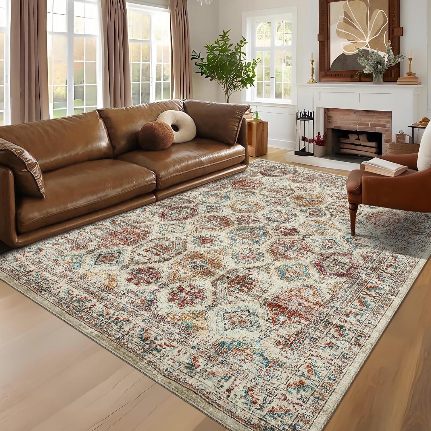 Garvee 8'x10' Large Area Rug for Living Room Vintage Rug Geometric Rug Non Slip Low Pile Indoor Bedroom Rug, Multi