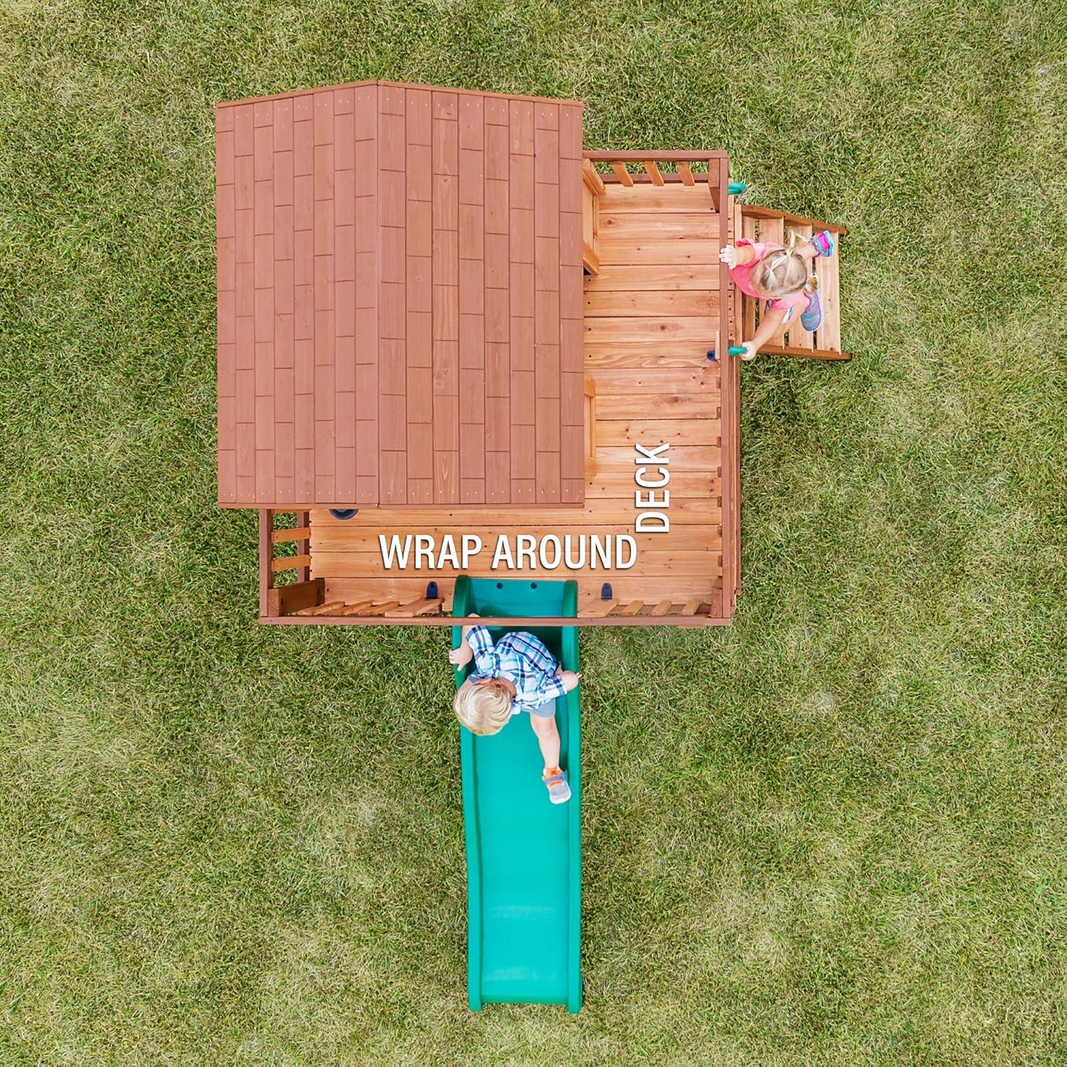 Backyard Discovery Echo Heights Cedar Wooden Elevated Kids Playhouse with Wave Slide, Play Kitchen, and Deck & Reviews | Wayfair