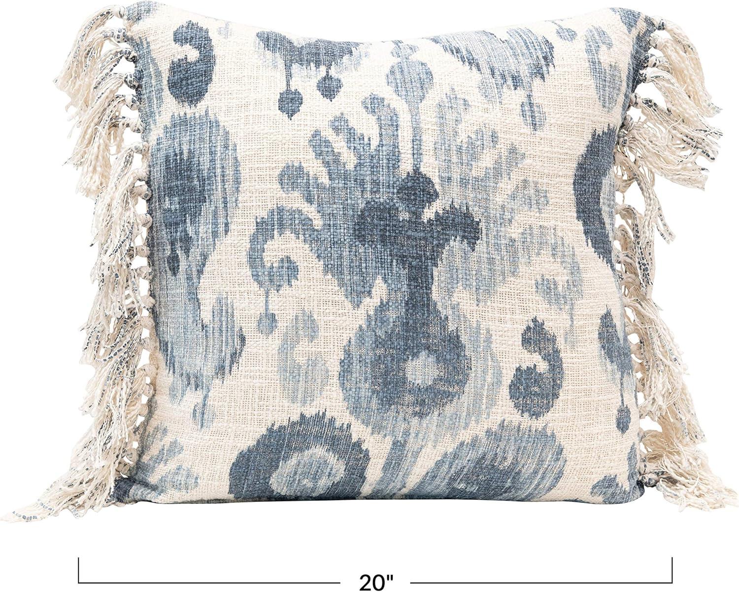 20" Blue and Cream Cotton Blend Ikat Throw Pillow with Tassels