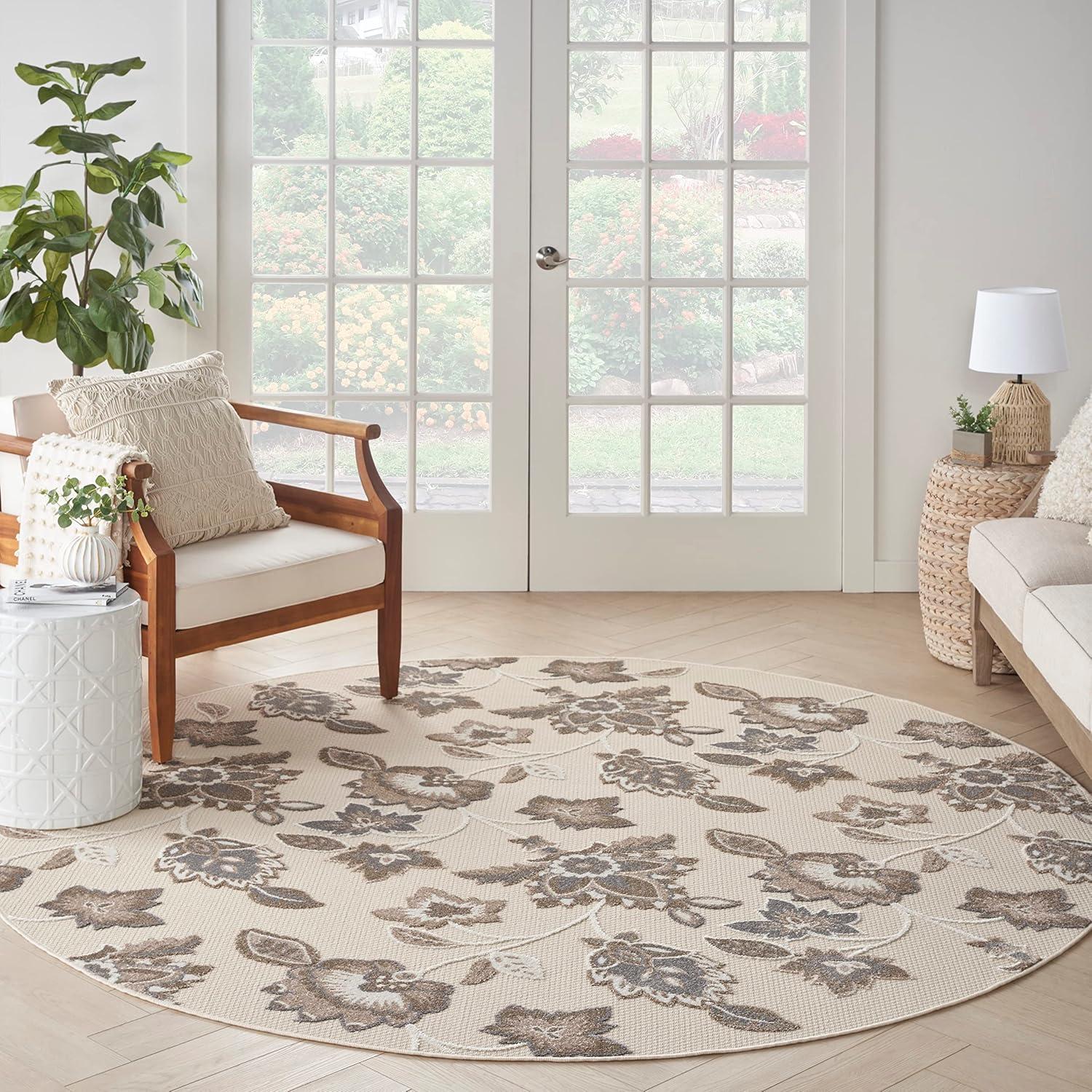Nourison Aloha Floral Farmhouse Flatweave High-Low Indoor Outdoor Round Rug Beige 7’10” x 7'10"
