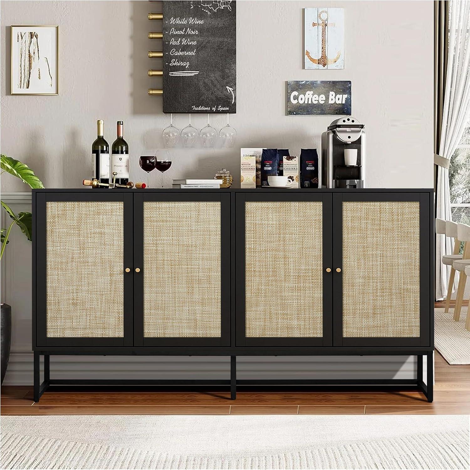 PORKISS Rattan Buffet Sideboard, Credenza Storage Cabinet with 4 Doors and Adjustable Shelve, Accent Cabinet for Dining Room, Kitchen, Living Room, Black