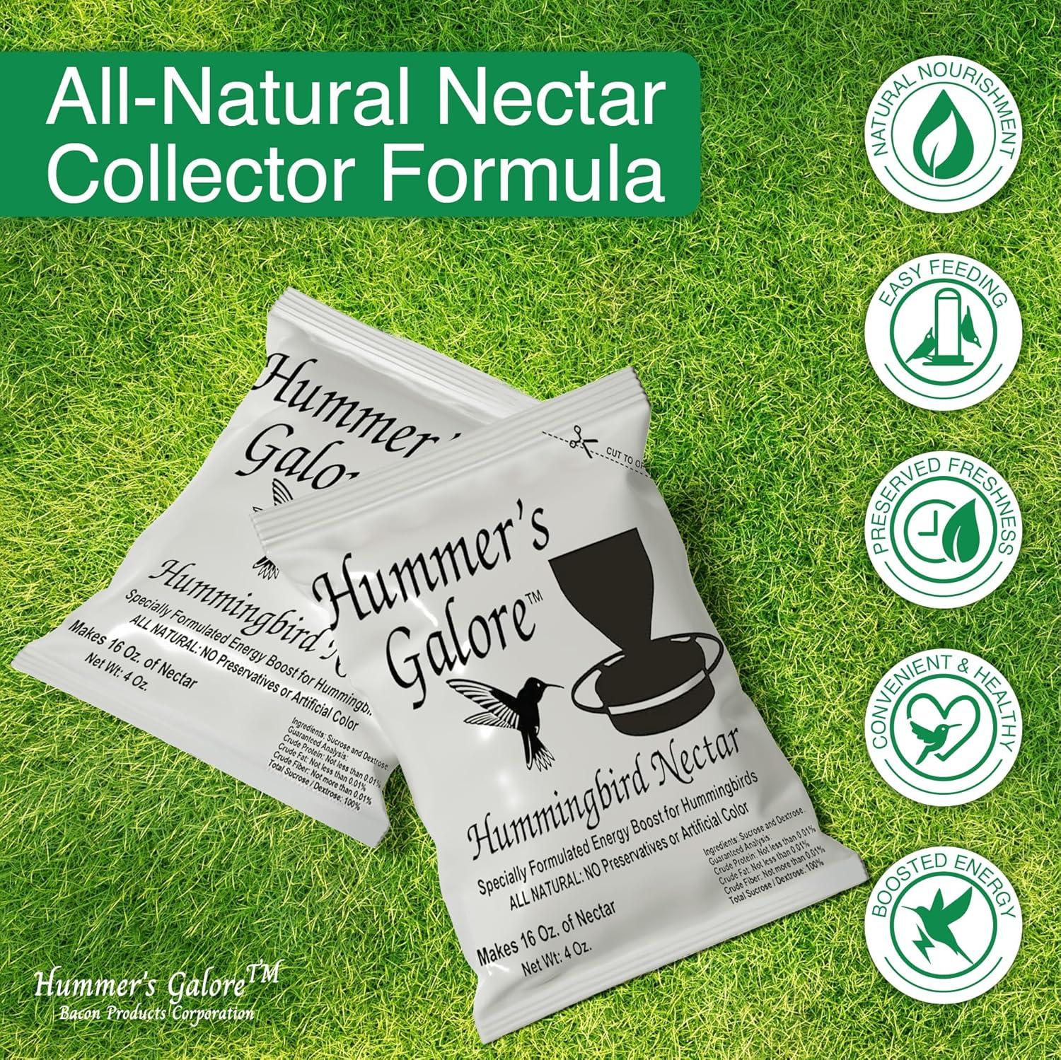 Hummer's Galore Hummingbird Food - Ready-to-Mix Hummingbird Nectar, All-Natural Nectar Collector Formula, No Preservatives or Dyes, Makes 64 Ounces (4 Packets Included)