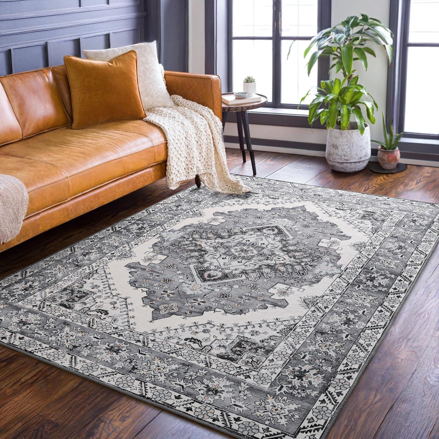 Gray 5' x 7' Vintage Washable Non-Slip Area Rug