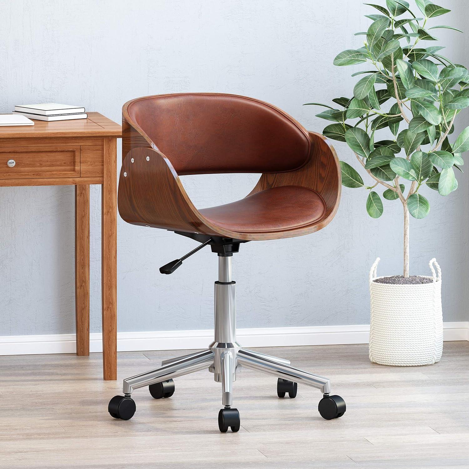 Cognac Leather Mid-Century Swivel Office Chair with Chrome Base