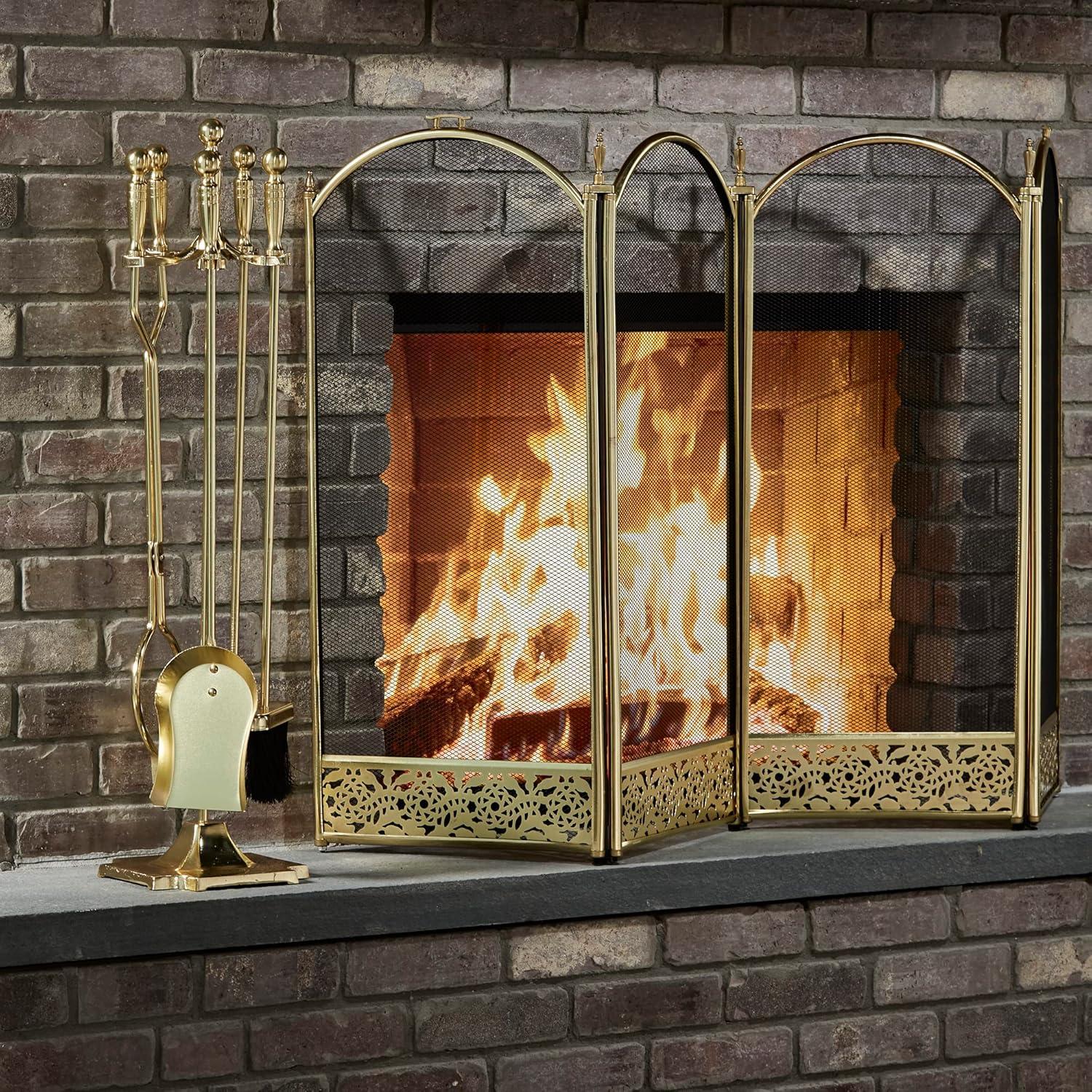 Polished Brass 5-Piece Fireplace Tool Set with Steel Construction