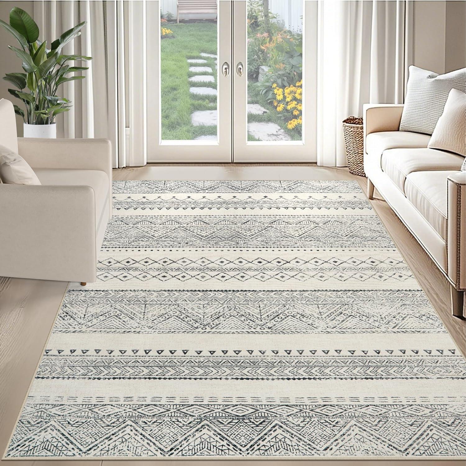 FairOnly 9'x12' Brown White Area Rugs Machine Washable Vintage Rugs for Bathroom Geometric Moroccan Ultra-Thin Area Rugs for Family Room Living Room Carpet