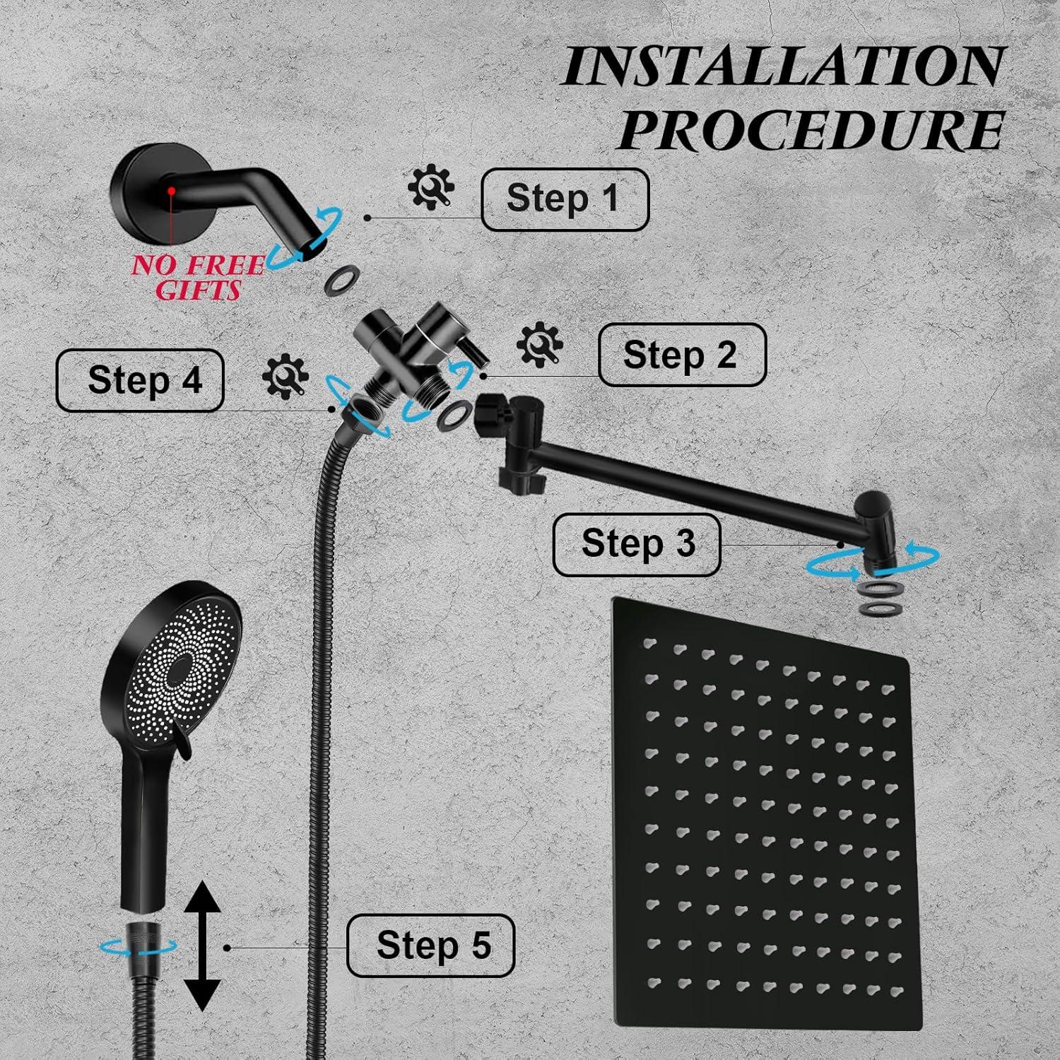 Shower Head,10”Rain Shower Head with Handheld Spray Combo with 11'' Angle Adjustable Extension Arm/Flow Regulator/Shower System,High Pressure Rainfall Shower Head Clean Bathroom,Matt Black