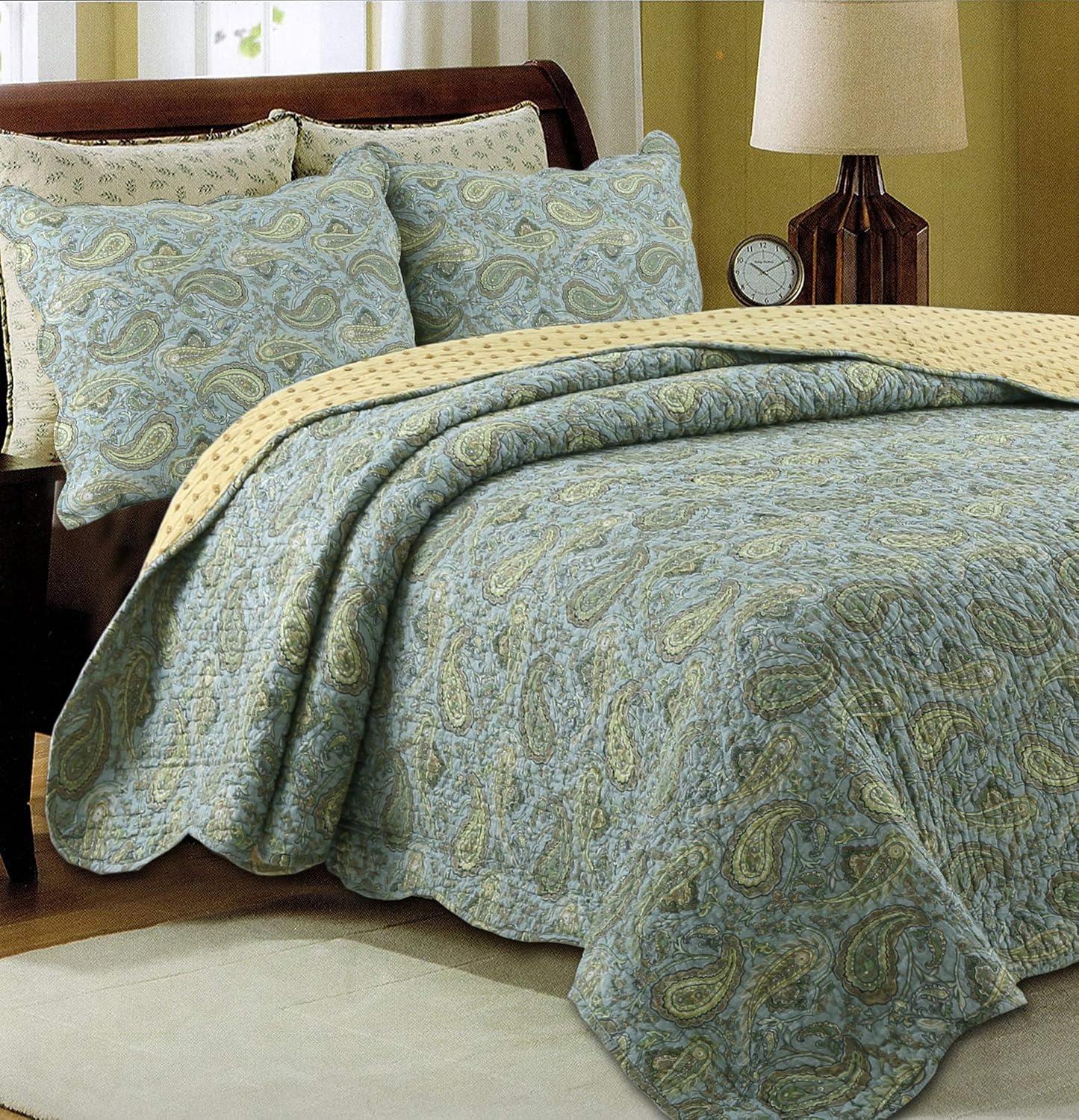 Full Blue Cotton Reversible Paisley Quilt Set