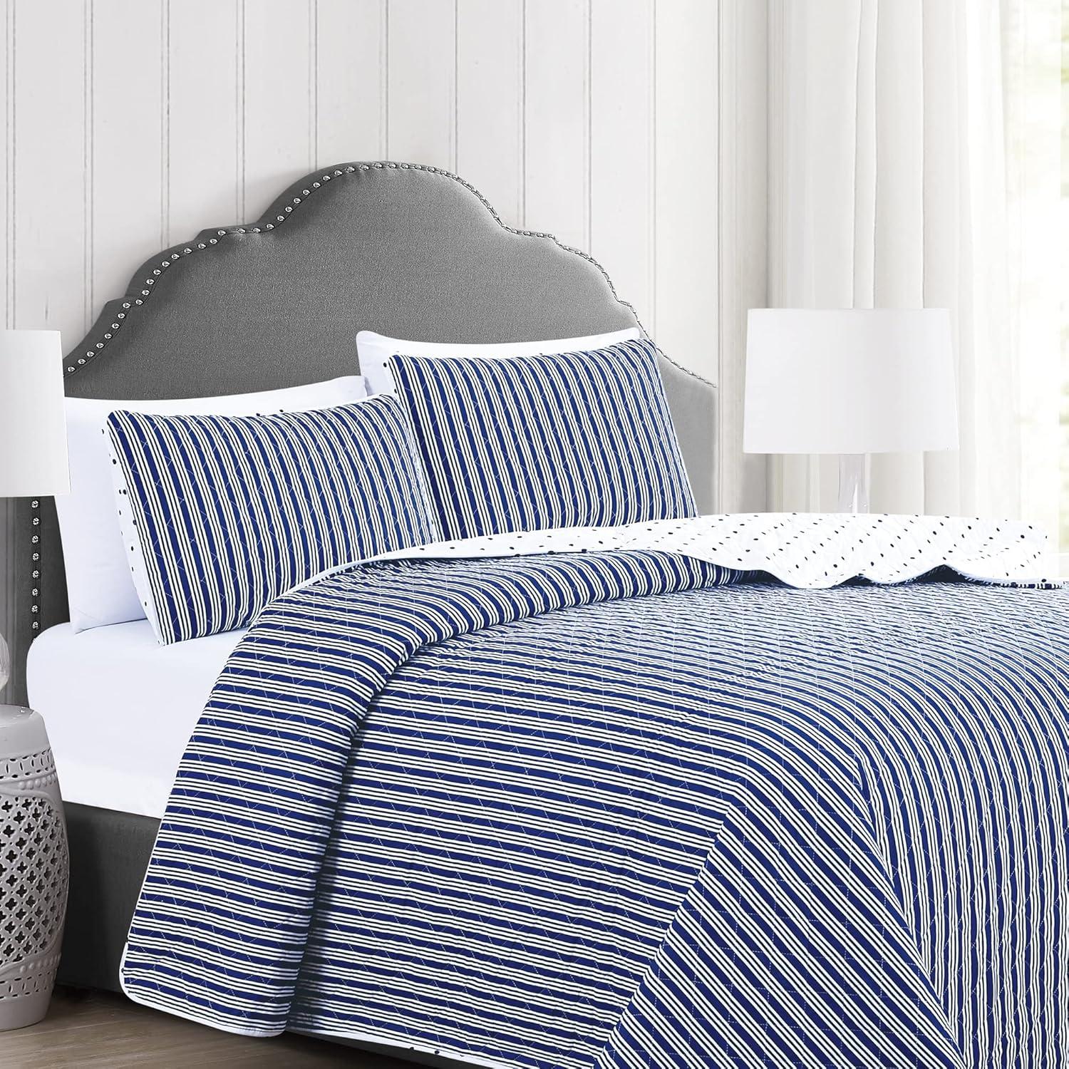 King White and Navy Reversible Microfiber Quilt Set