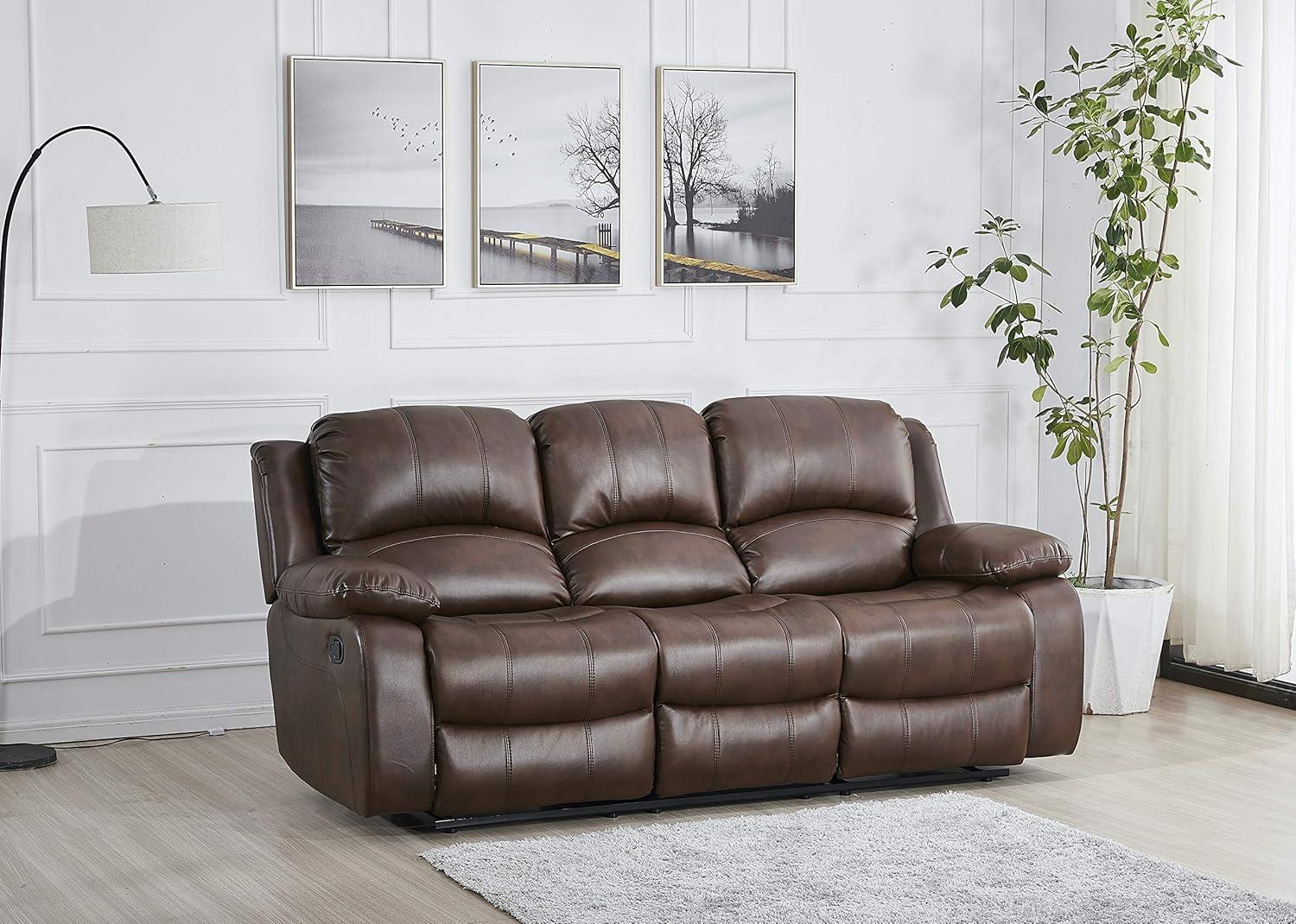 Brown Bonded Leather Reclining Sofa and Loveseat Set