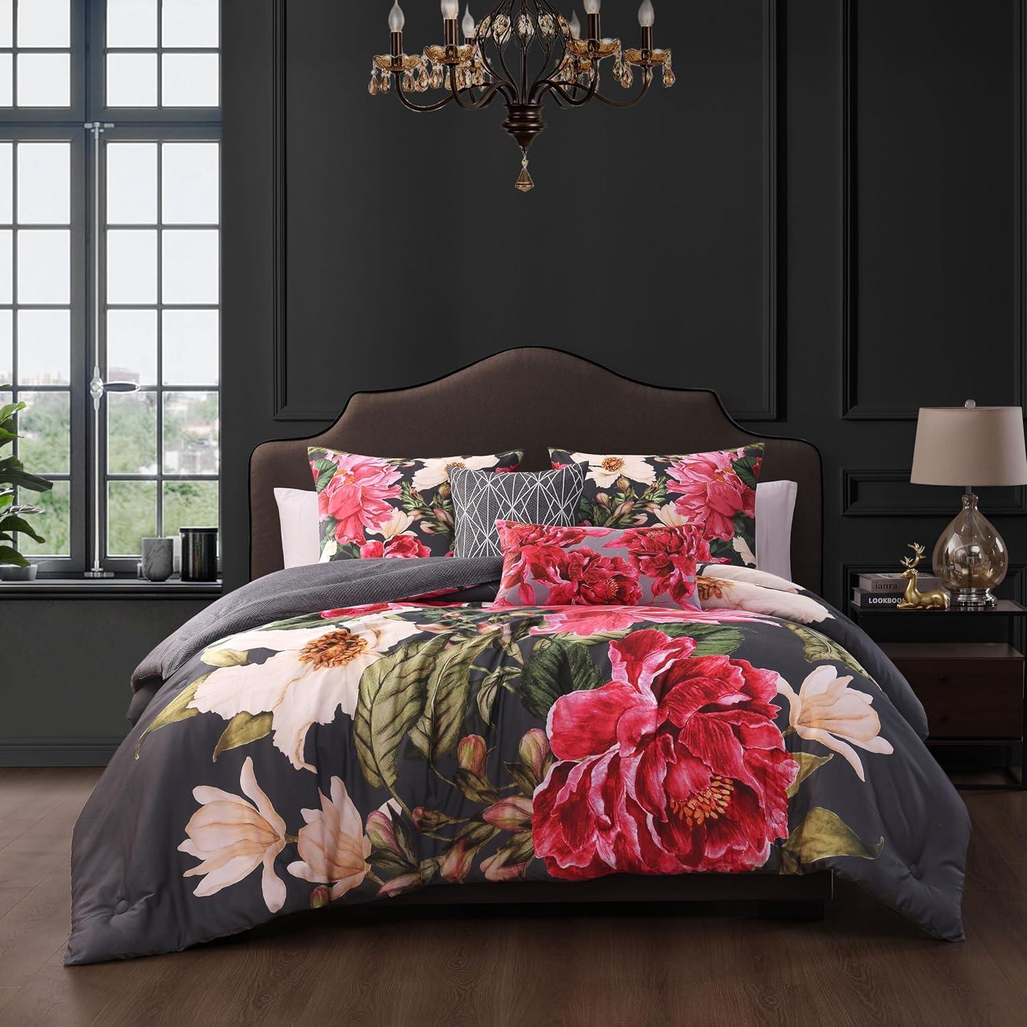 Gray Floral Cotton Queen Reversible Comforter Set