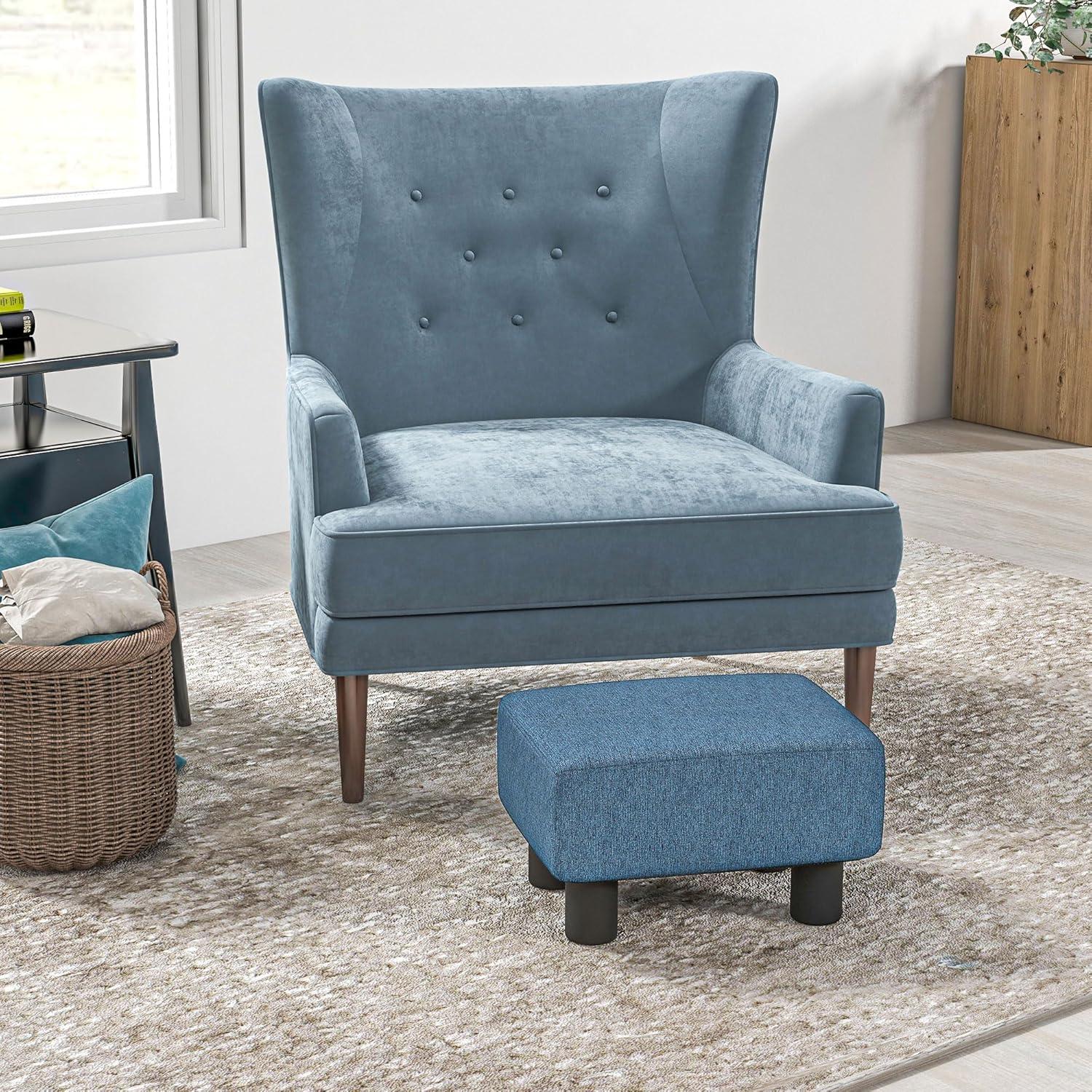 HOMCOM 16” Cube Modern Linen Fabric Pouf Footrest Ottoman - Dark Blue