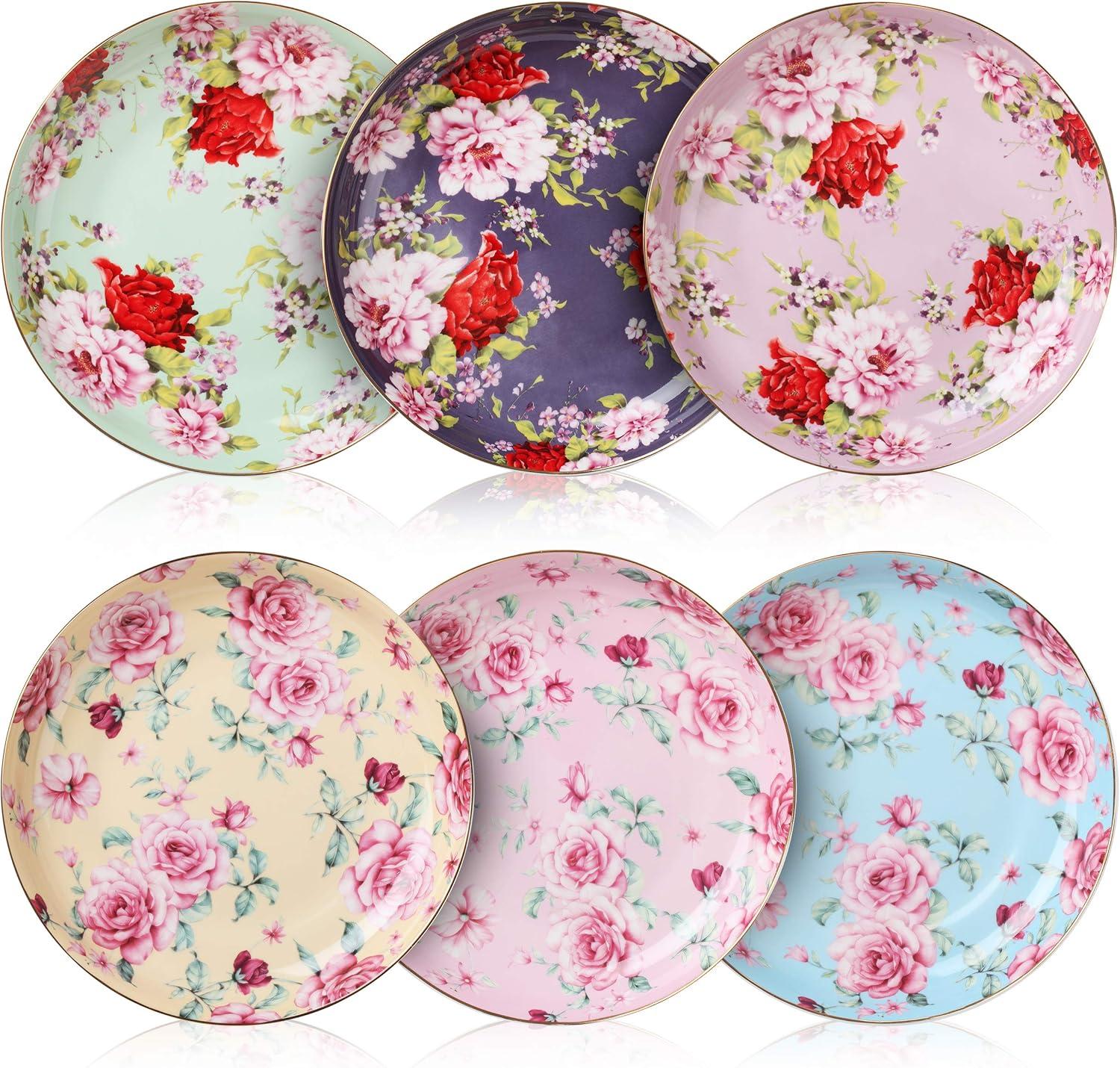 BTaT- Porcelain Floral Dessert Plates, 8 inch, Set of 6, Deep Plates