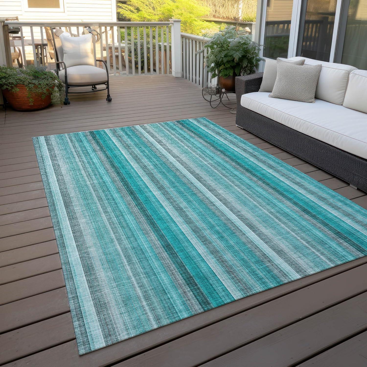 Teal and Gray Striped Synthetic Washable 3' x 5' Rug