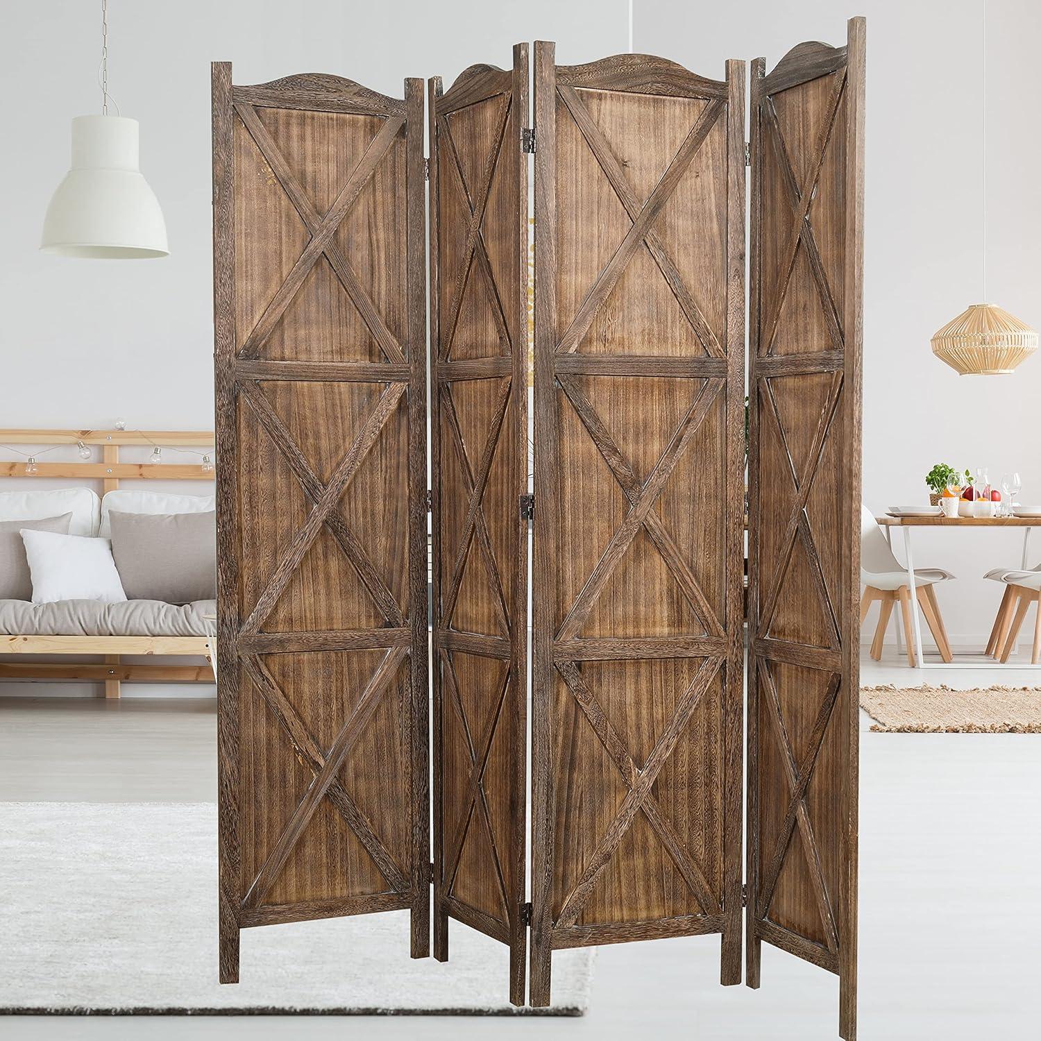 Rustic Brown Paulownia Wood 4-Panel Folding Room Divider