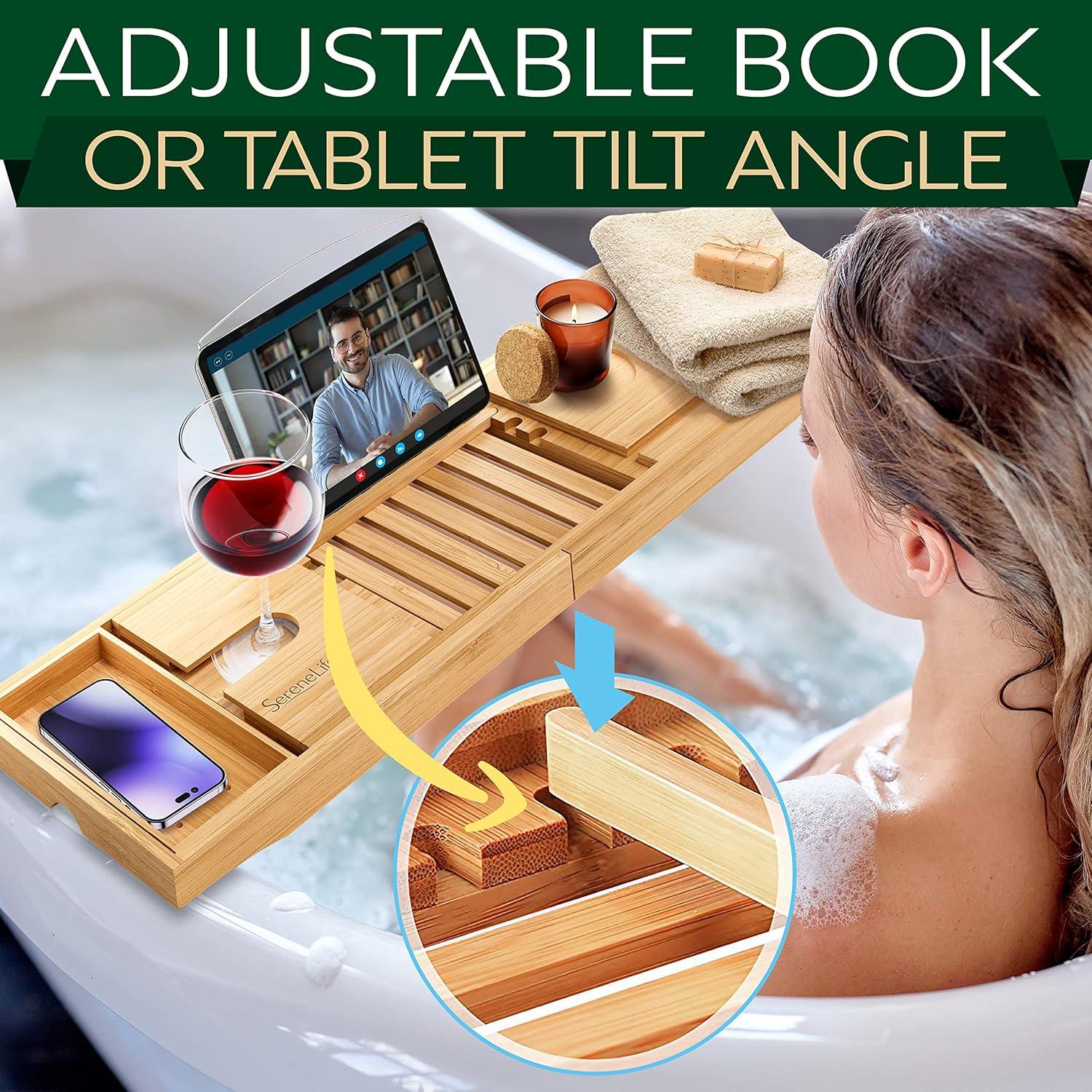 SereneLife Luxury Bamboo Bathtub Caddy - Adjustable Natural Wood with Glass Holder