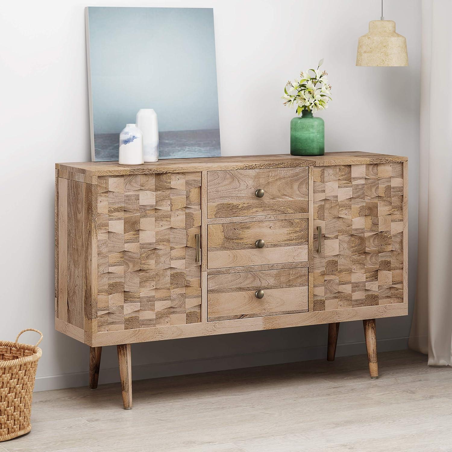 GDF Studio Godfrey Boho Handmade Mango Wood Sideboard with Storage, Natural