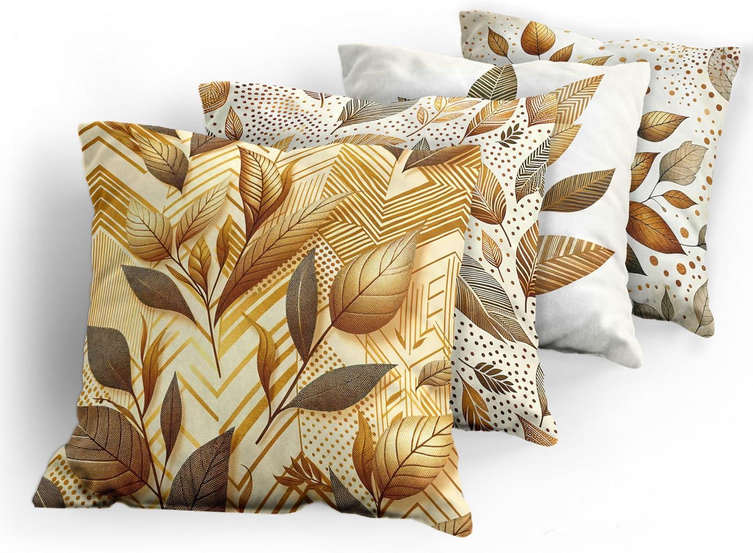 Ambesonne Leaf Print Throw Pillow Cover 4 Pack, Branches in Fall Colors, 16", Ginger Brown and Cream