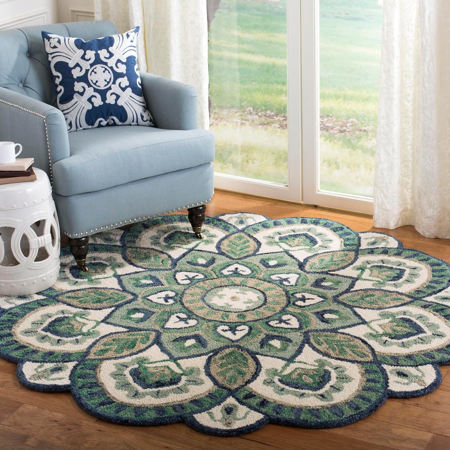 Handmade Ivory and Green Wool Round Tufted Area Rug