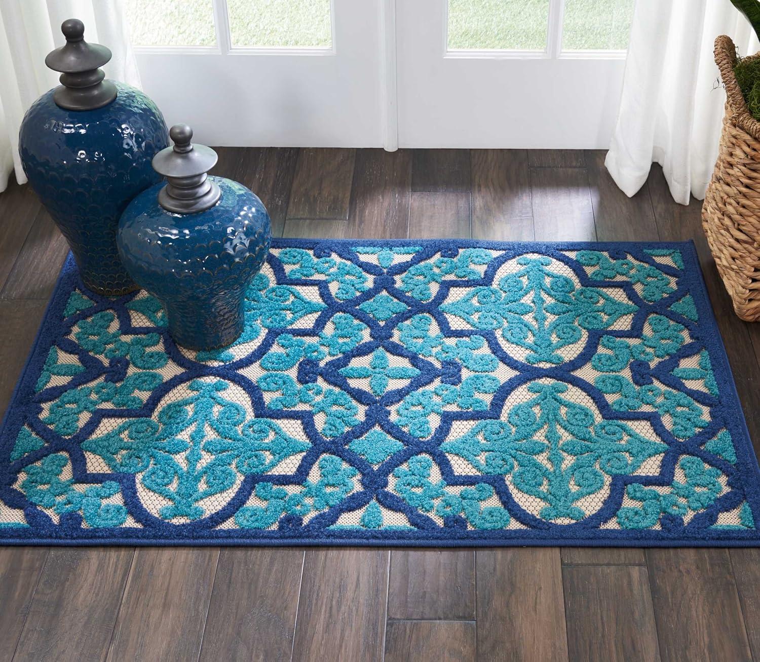 Nourison Aloha Moroccan Trellis Flatweave High-Low Indoor Outdoor Area Rug Navy 2'8" x 4'